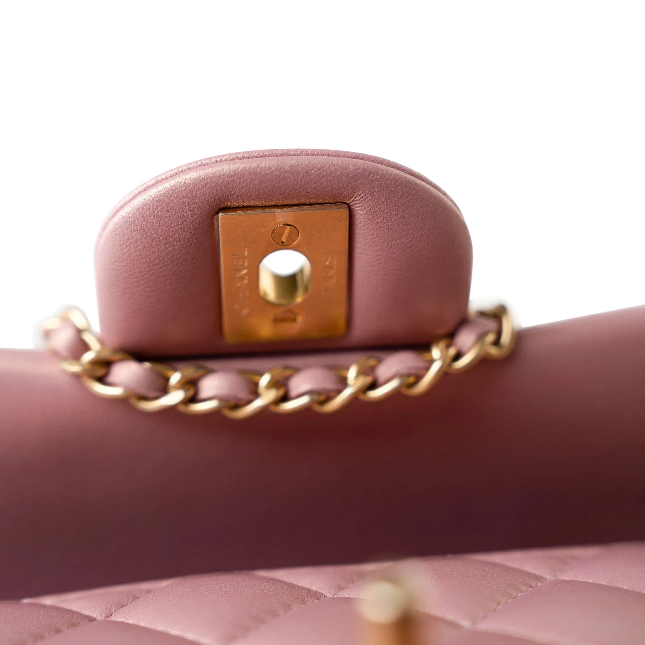 21S Iridescent Pink/ Rose Lambskin Quilted Mini Top Handle Antique Gold Hardware