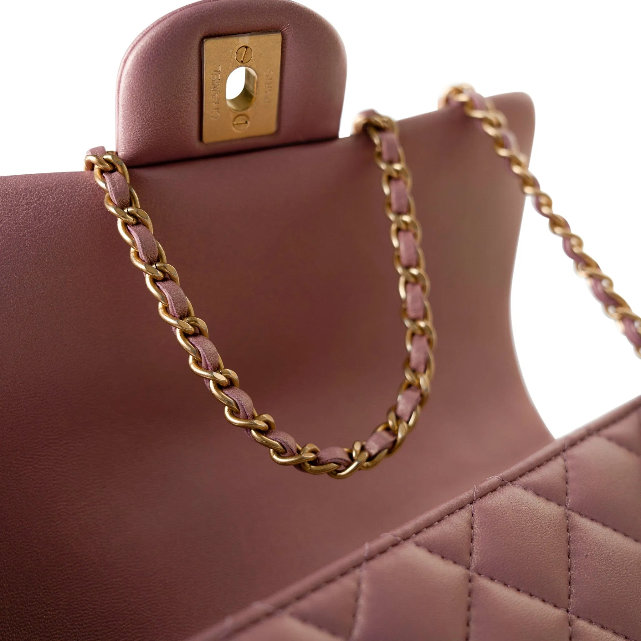 21S Iridescent Pink/ Rose Lambskin Quilted Mini Top Handle Antique Gold Hardware
