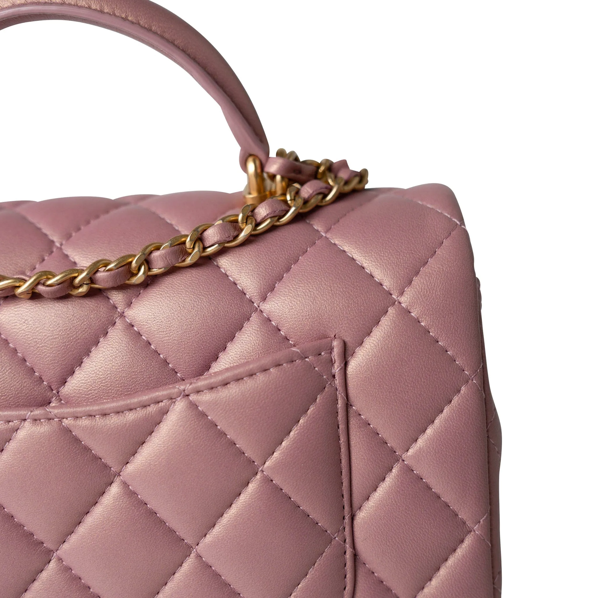 21S Iridescent Pink/ Rose Lambskin Quilted Mini Top Handle Antique Gold Hardware