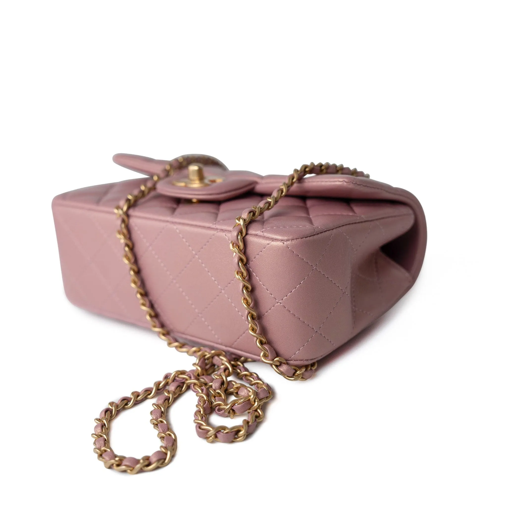 21S Iridescent Pink/ Rose Lambskin Quilted Mini Top Handle Antique Gold Hardware