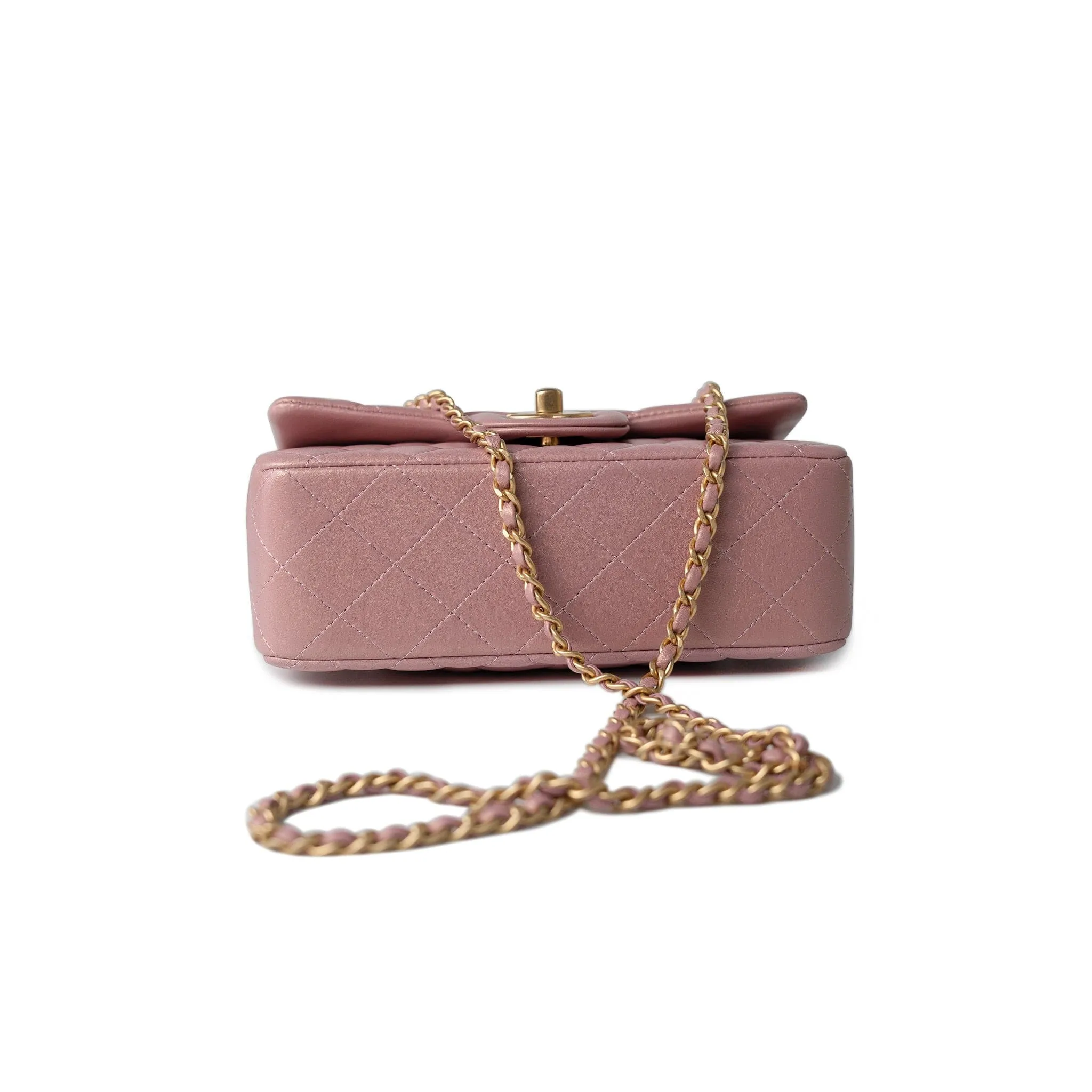 21S Iridescent Pink/ Rose Lambskin Quilted Mini Top Handle Antique Gold Hardware