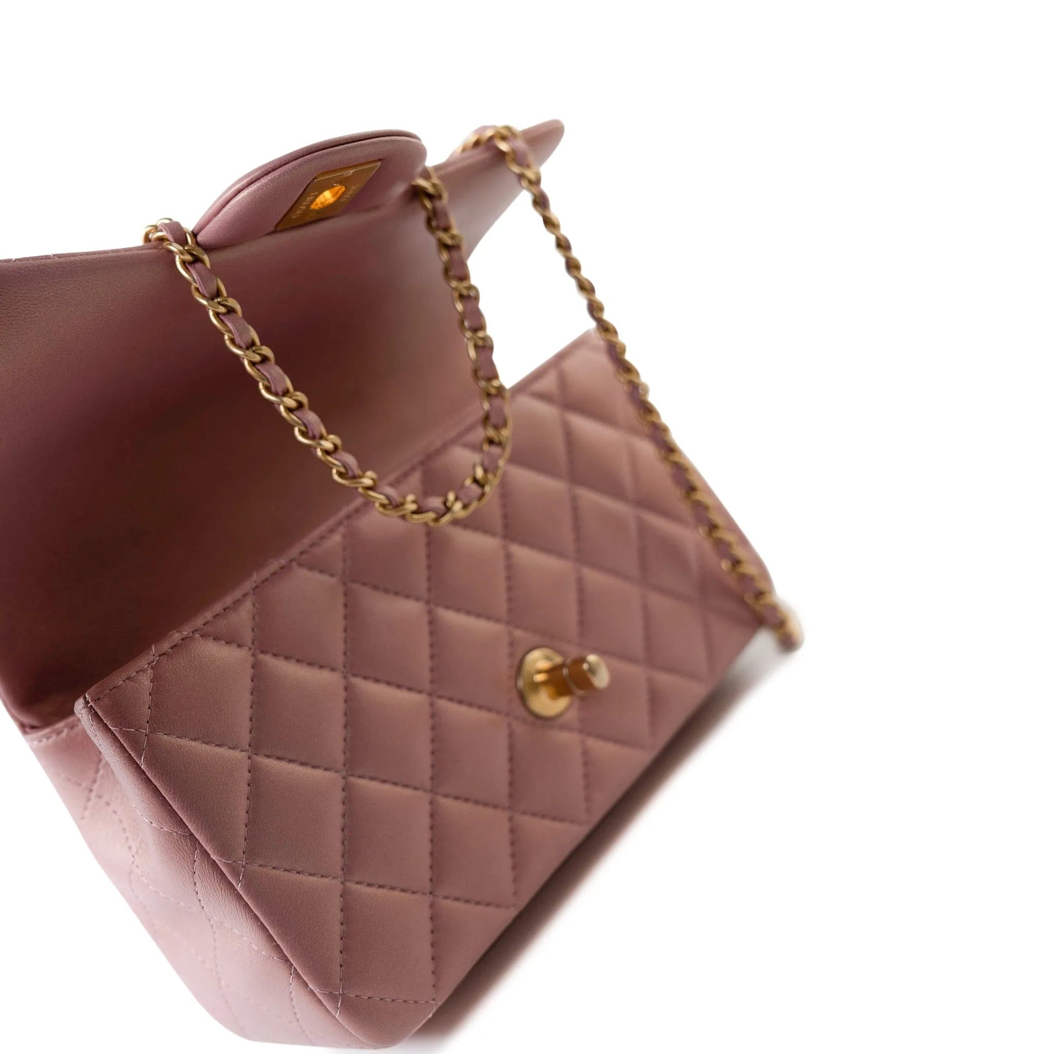 21S Iridescent Pink/ Rose Lambskin Quilted Mini Top Handle Antique Gold Hardware