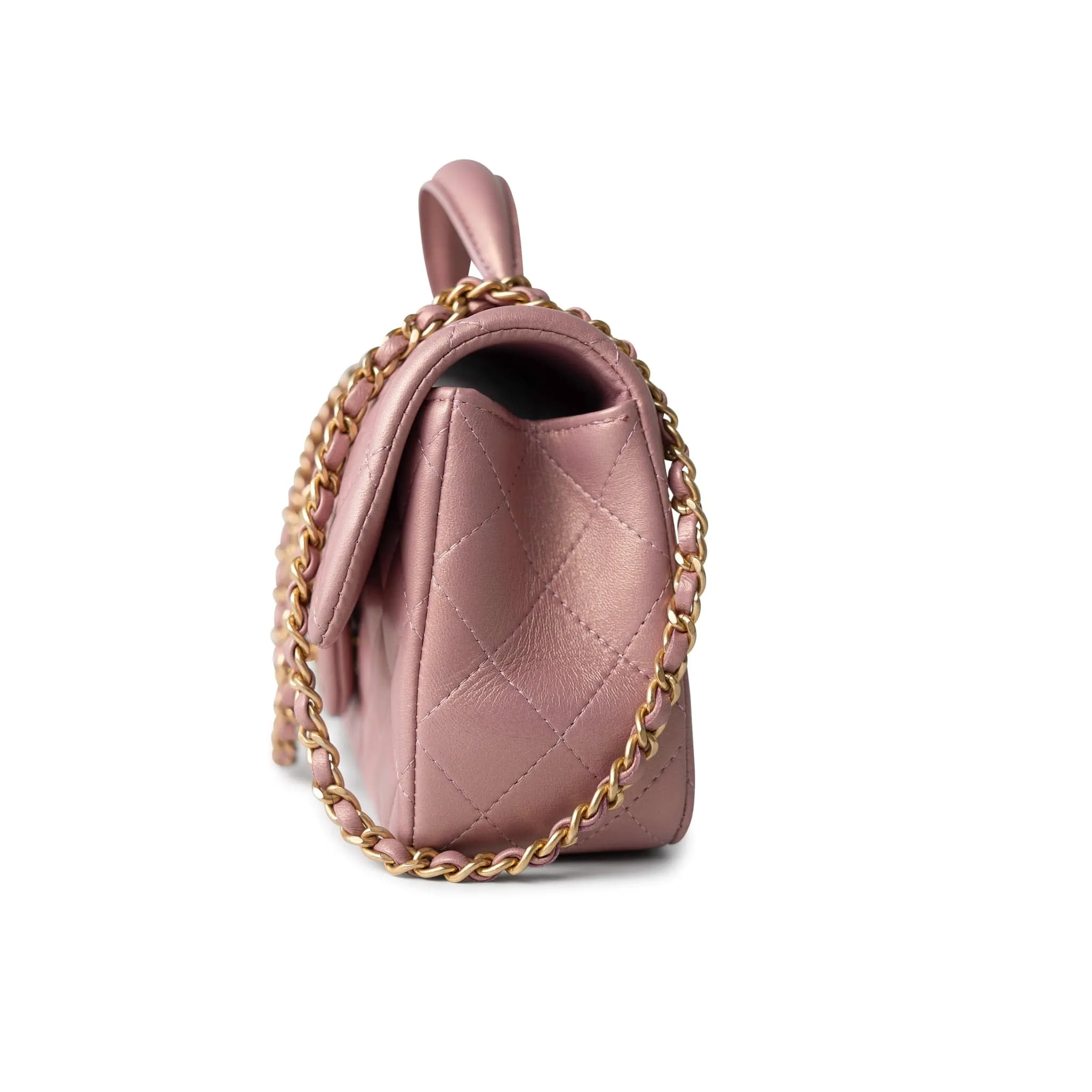 21S Iridescent Pink/ Rose Lambskin Quilted Mini Top Handle Antique Gold Hardware