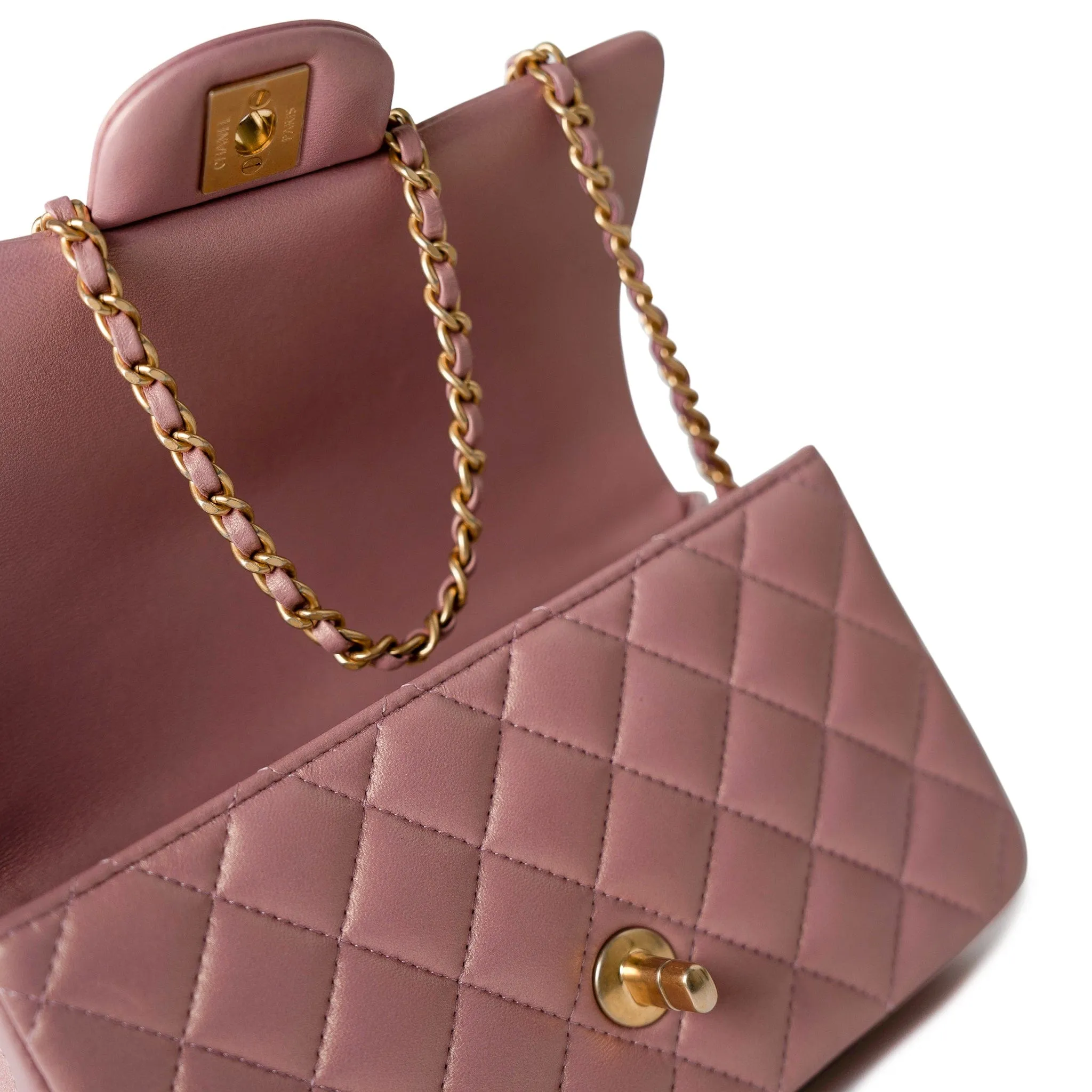 21S Iridescent Pink/ Rose Lambskin Quilted Mini Top Handle Antique Gold Hardware