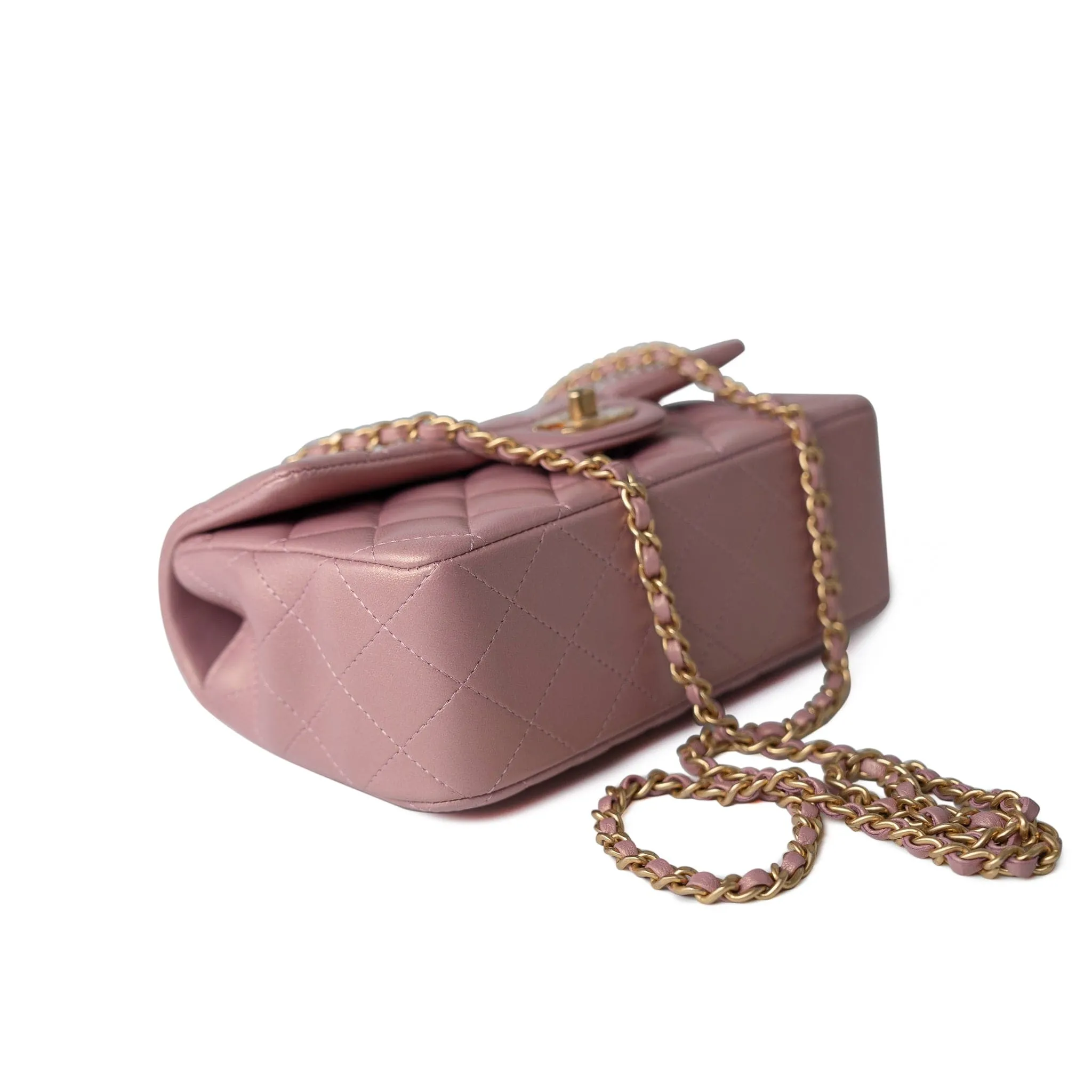 21S Iridescent Pink/ Rose Lambskin Quilted Mini Top Handle Antique Gold Hardware