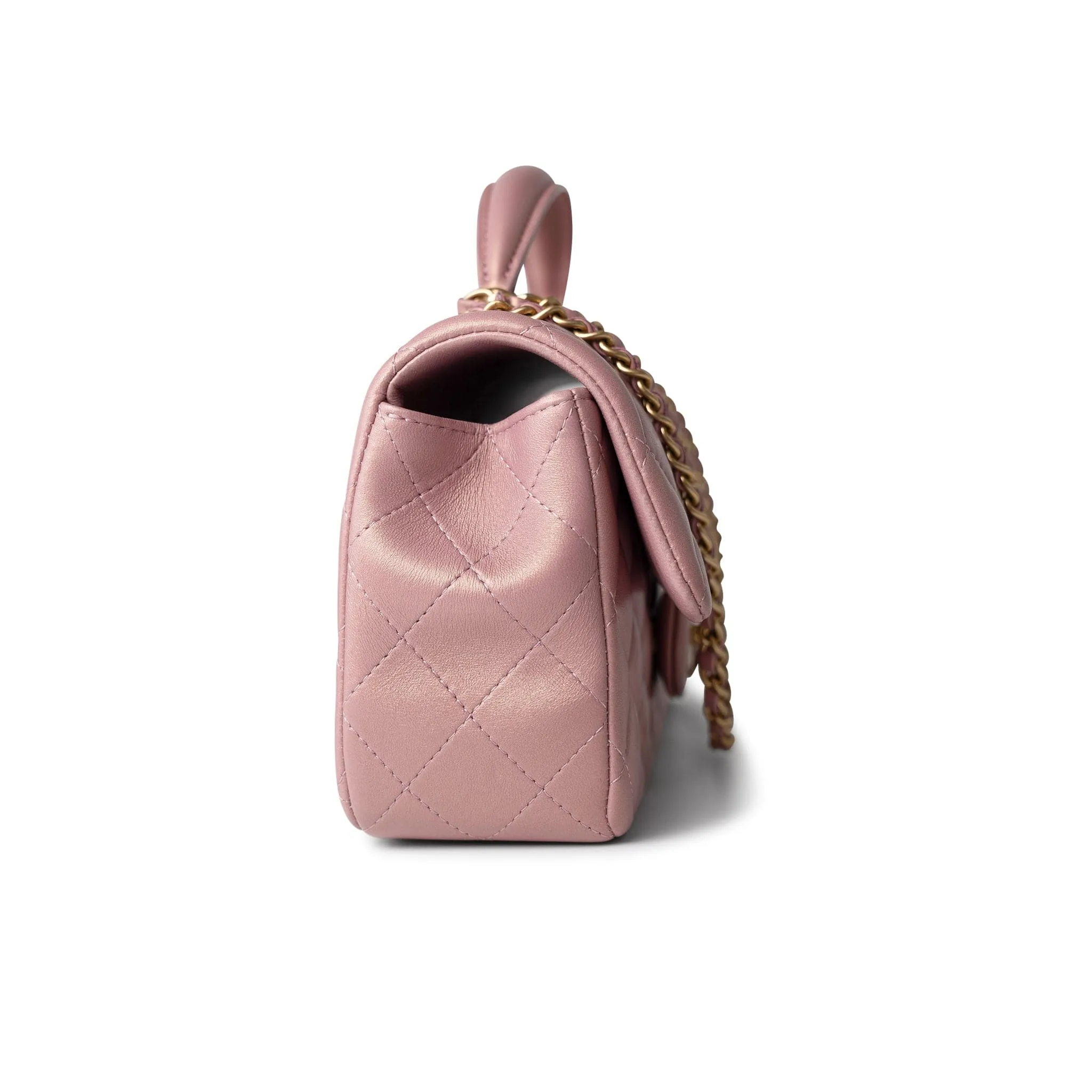 21S Iridescent Pink/ Rose Lambskin Quilted Mini Top Handle Antique Gold Hardware