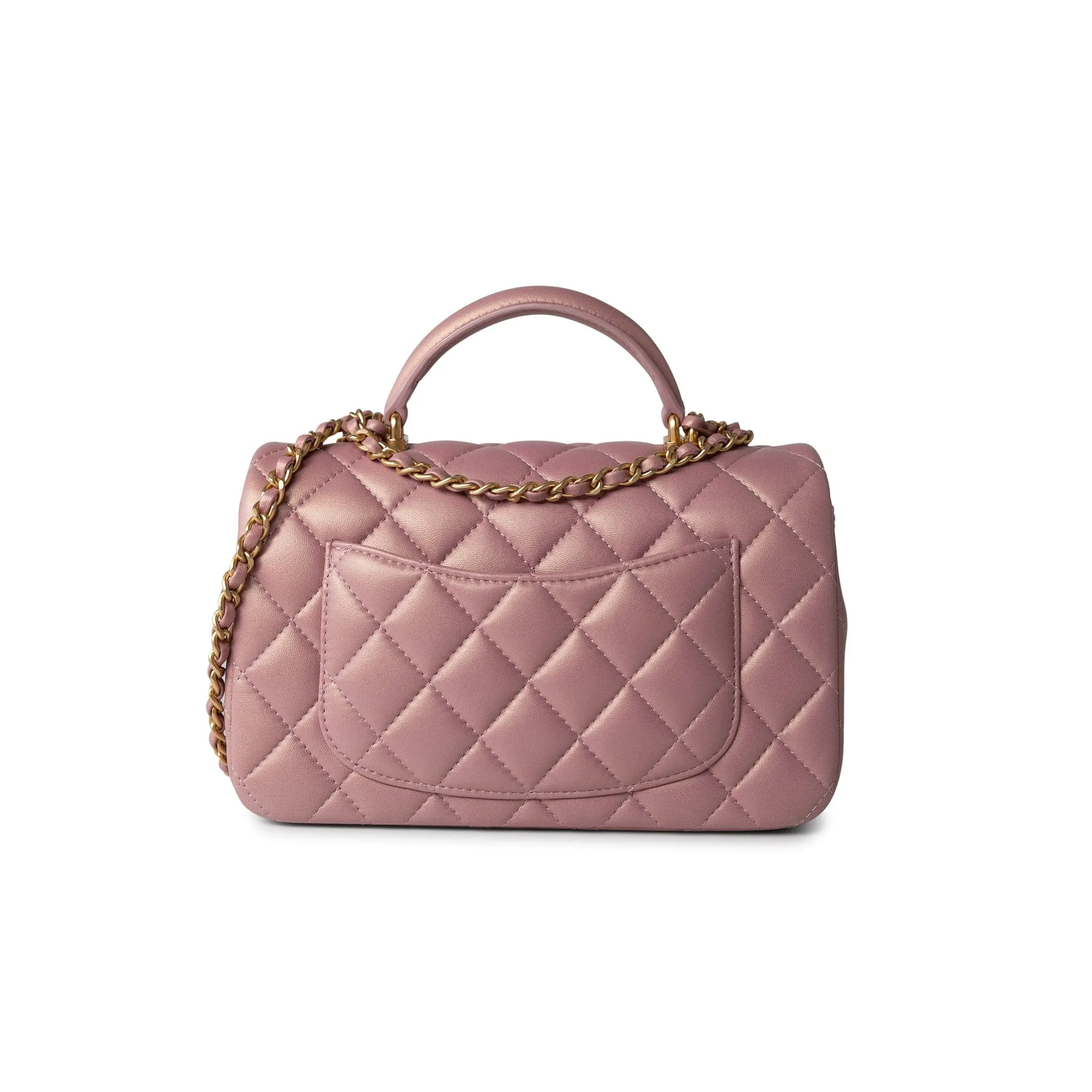 21S Iridescent Pink/ Rose Lambskin Quilted Mini Top Handle Antique Gold Hardware