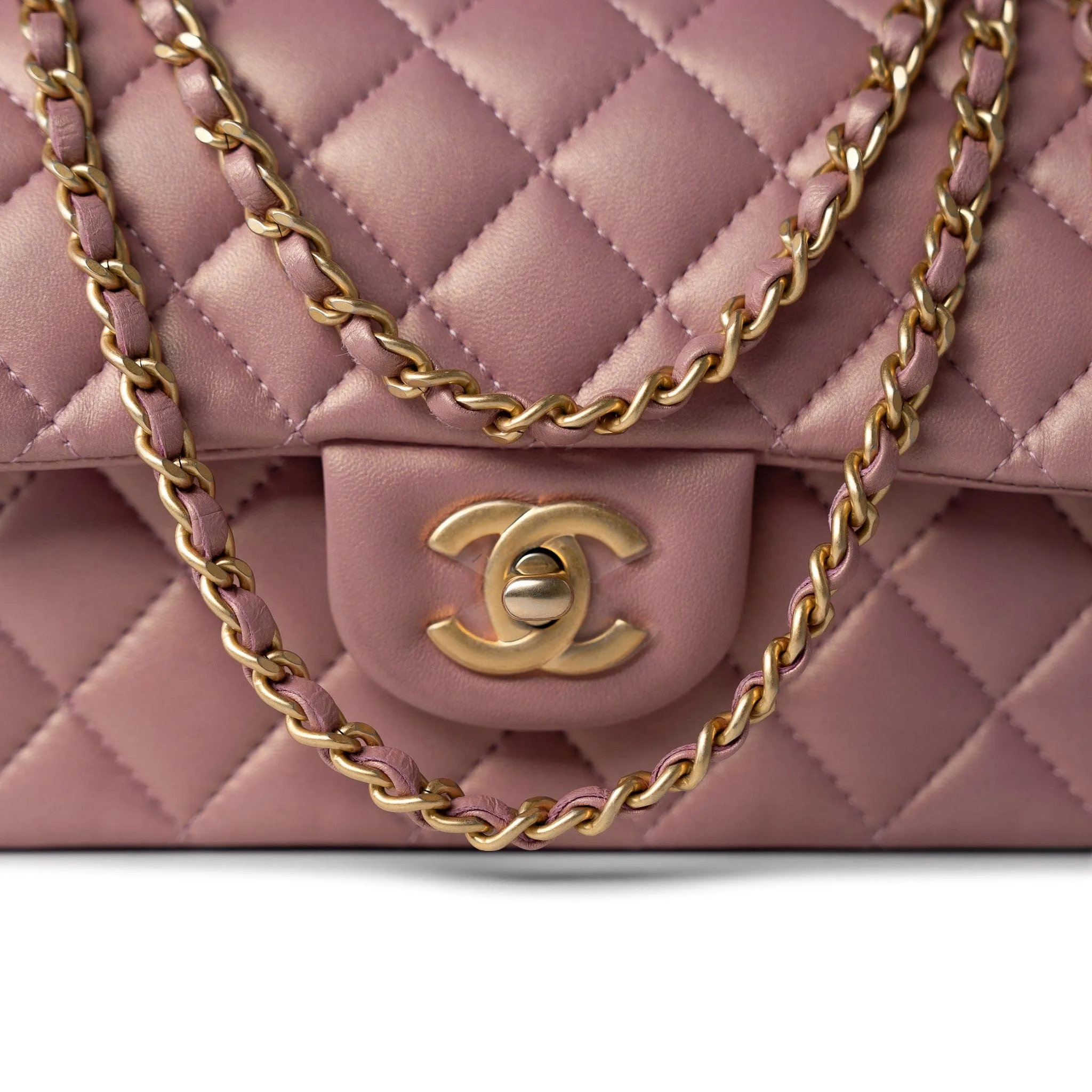 21S Iridescent Pink/ Rose Lambskin Quilted Mini Top Handle Antique Gold Hardware