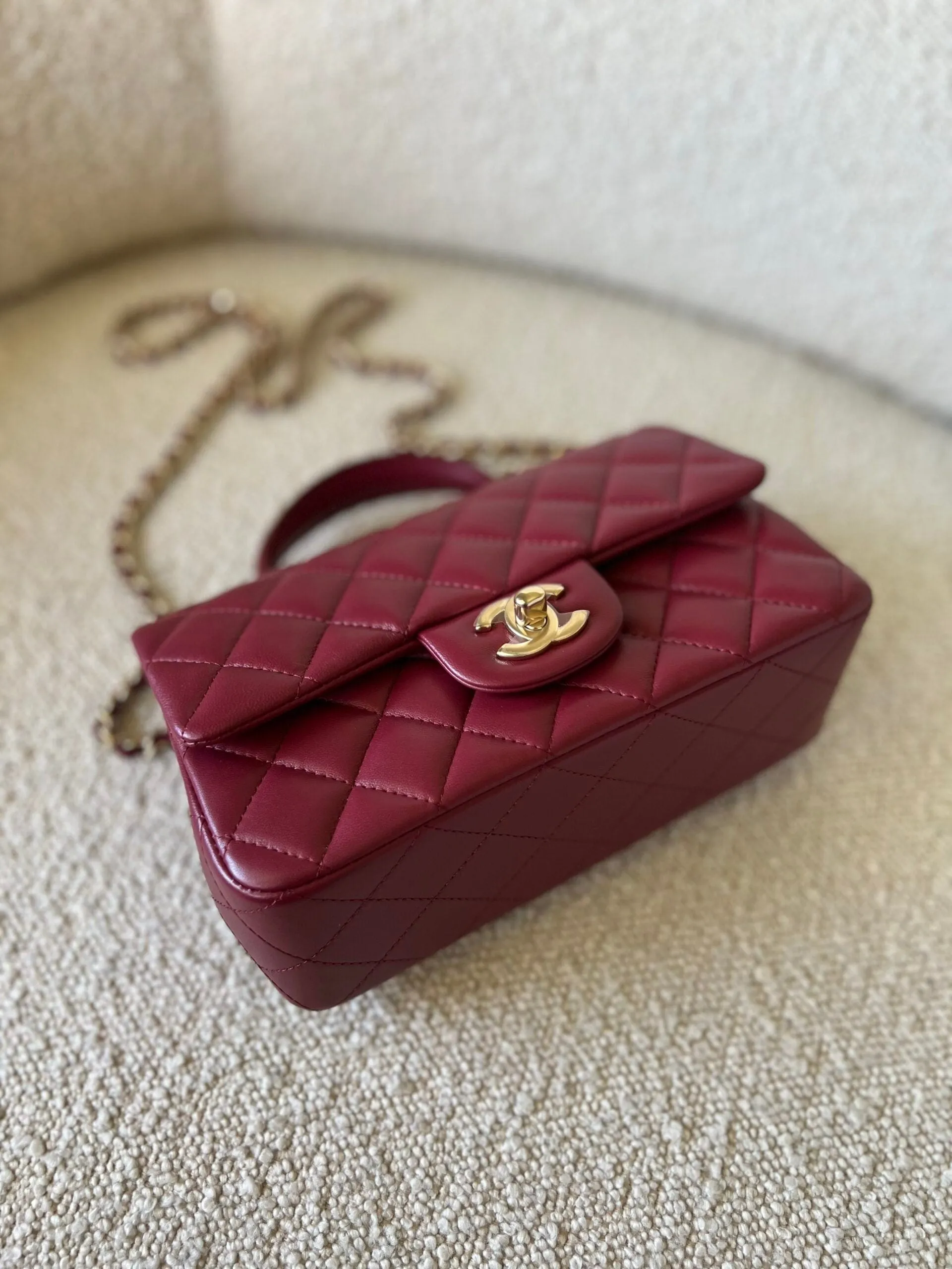 22A Mini Burgundy Lambskin Quilted Single Flap with Top handle Light Gold Hardware