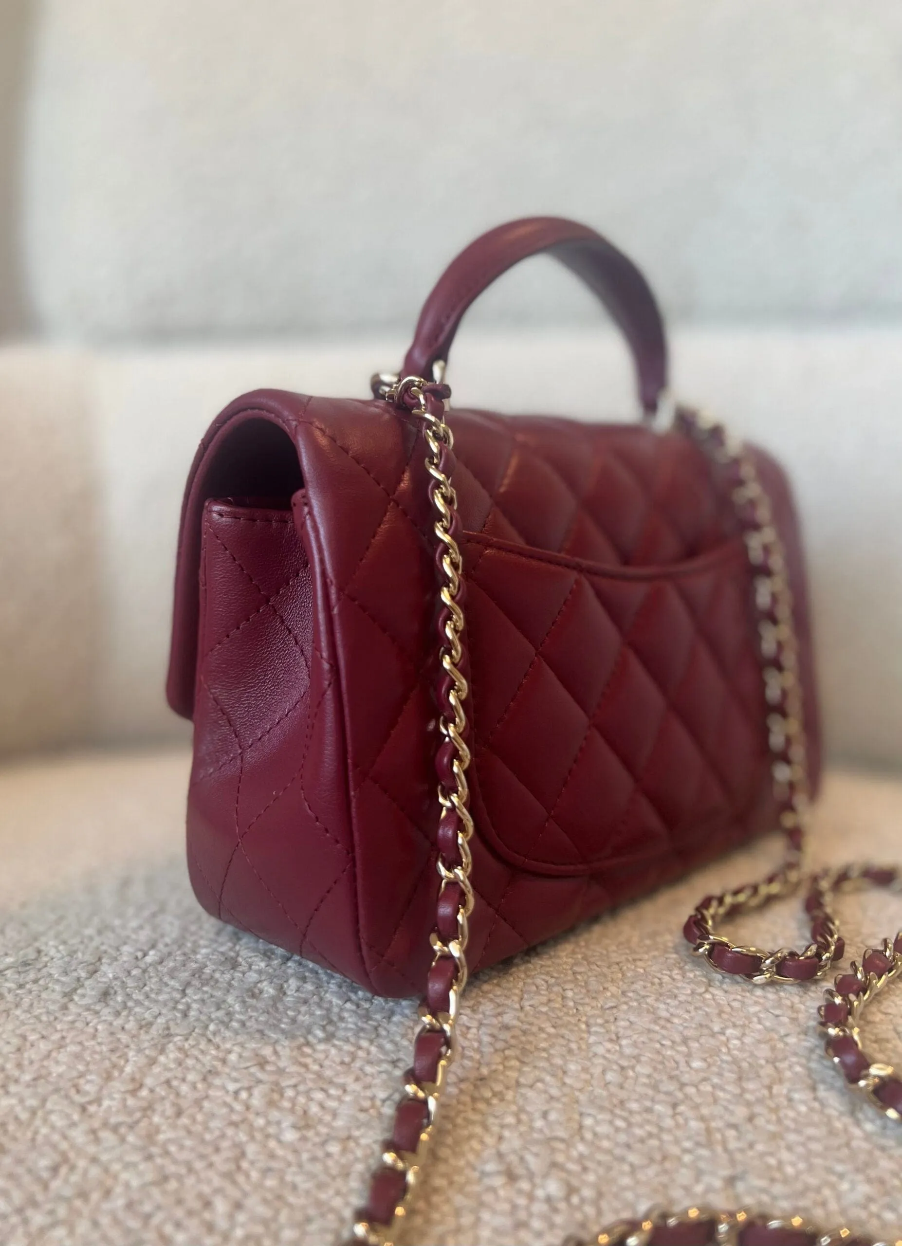 22A Mini Burgundy Lambskin Quilted Single Flap with Top handle Light Gold Hardware