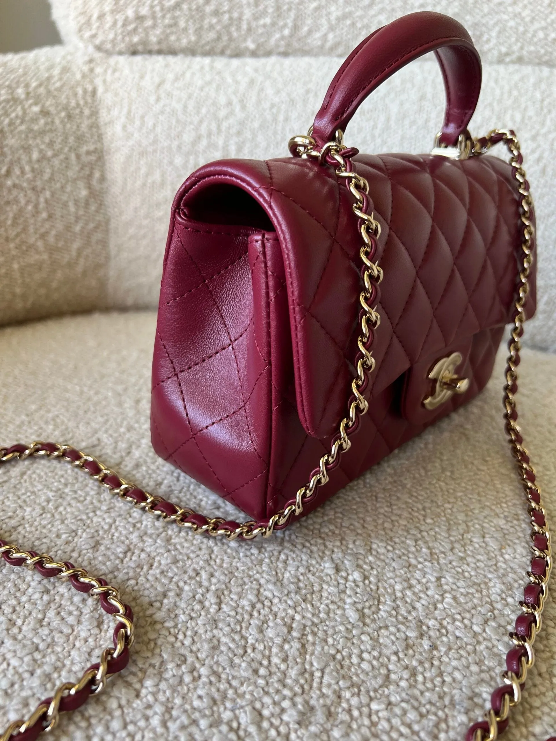 22A Mini Burgundy Lambskin Quilted Single Flap with Top handle Light Gold Hardware