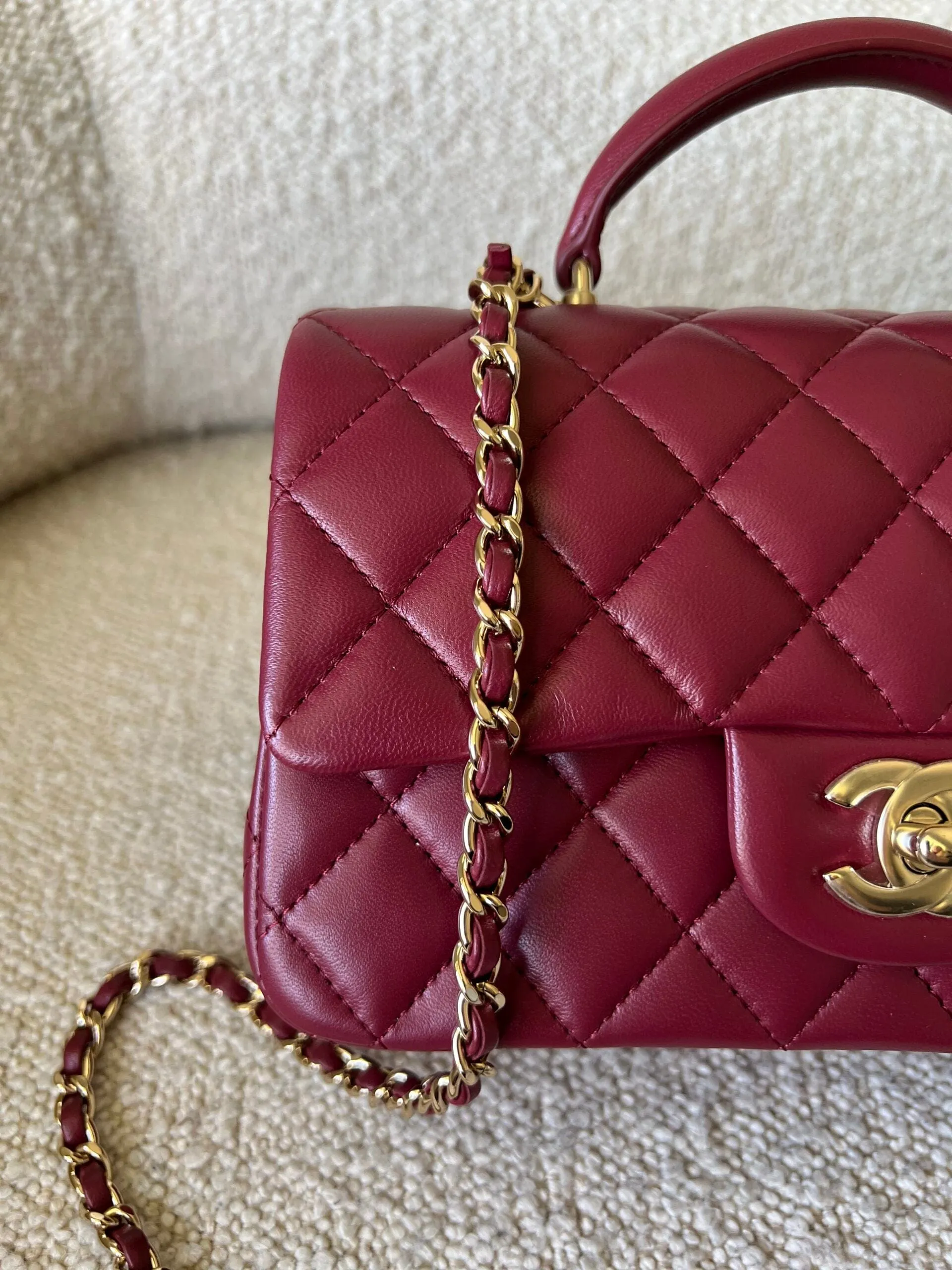 22A Mini Burgundy Lambskin Quilted Single Flap with Top handle Light Gold Hardware