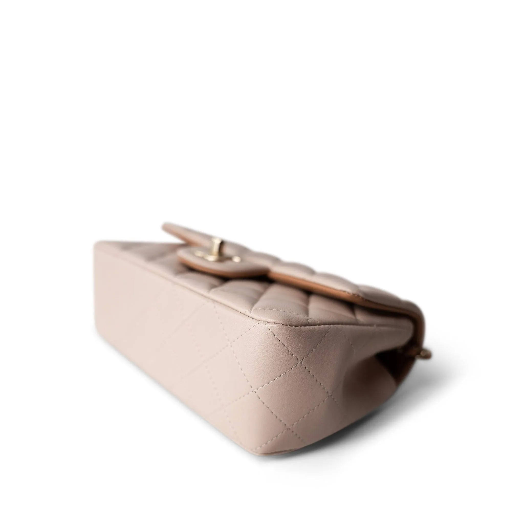 22C Light Beige / Beige Lambskin Quilted Mini Top Handle Light Gold Hardware