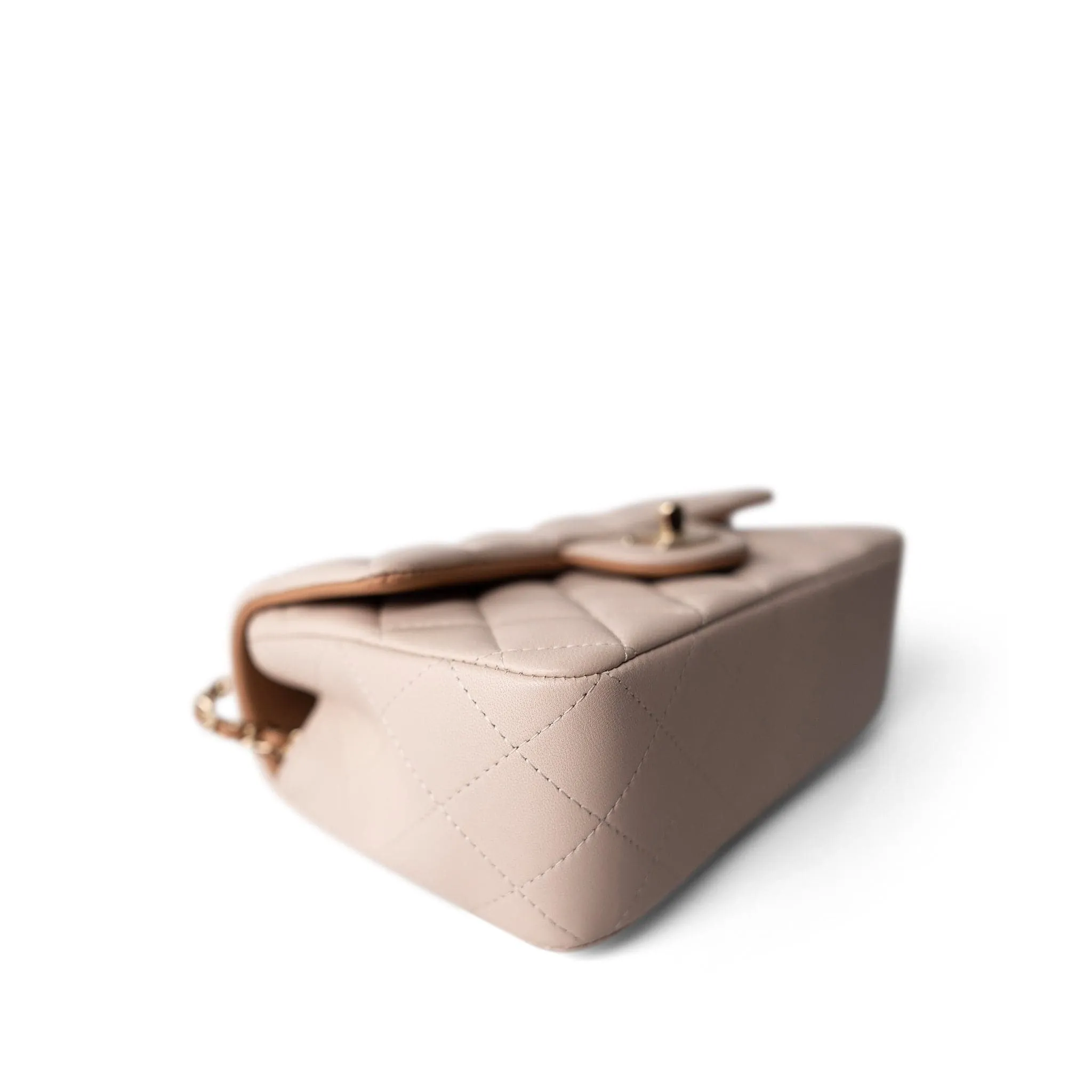 22C Light Beige / Beige Lambskin Quilted Mini Top Handle Light Gold Hardware