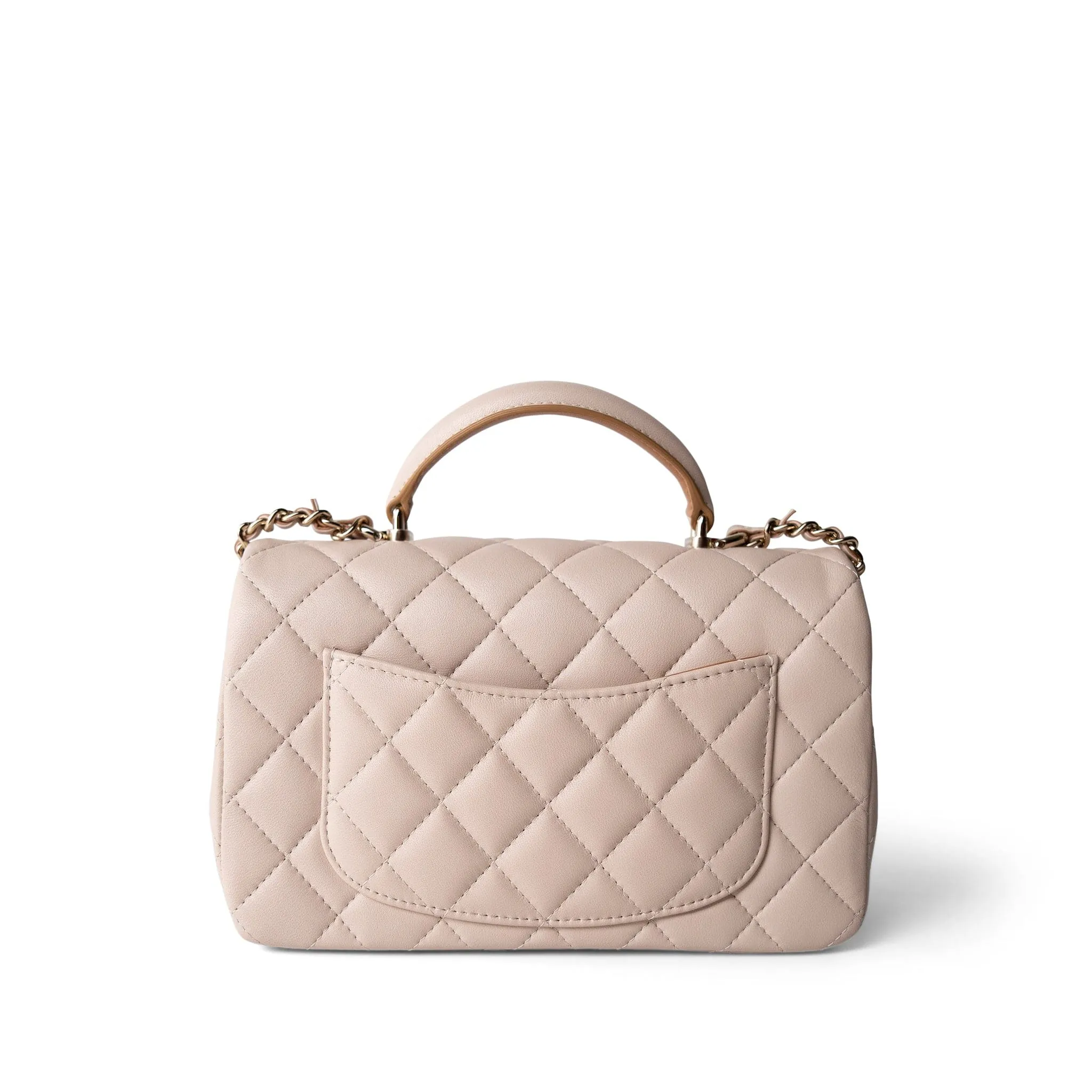 22C Light Beige / Beige Lambskin Quilted Mini Top Handle Light Gold Hardware