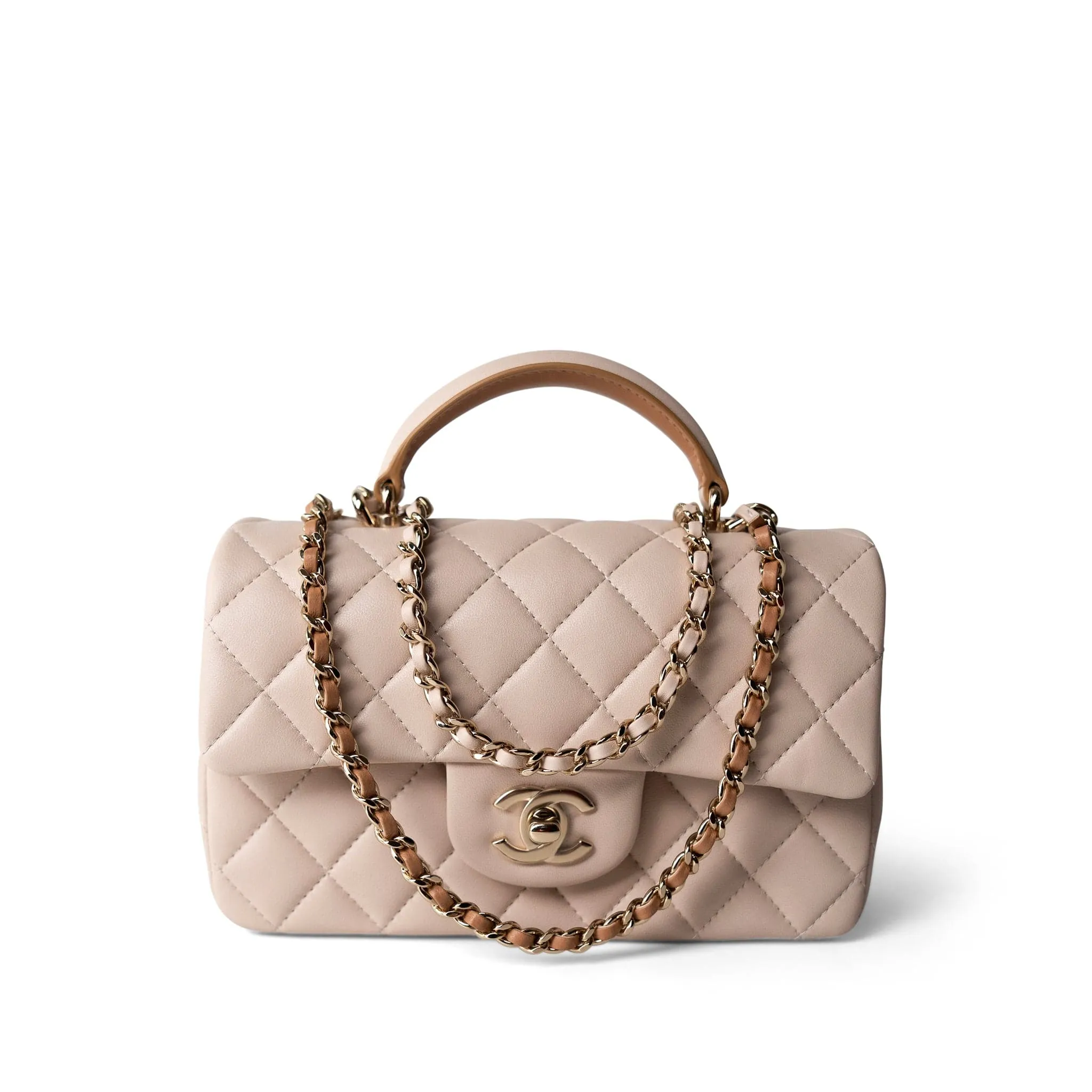 22C Light Beige / Beige Lambskin Quilted Mini Top Handle Light Gold Hardware