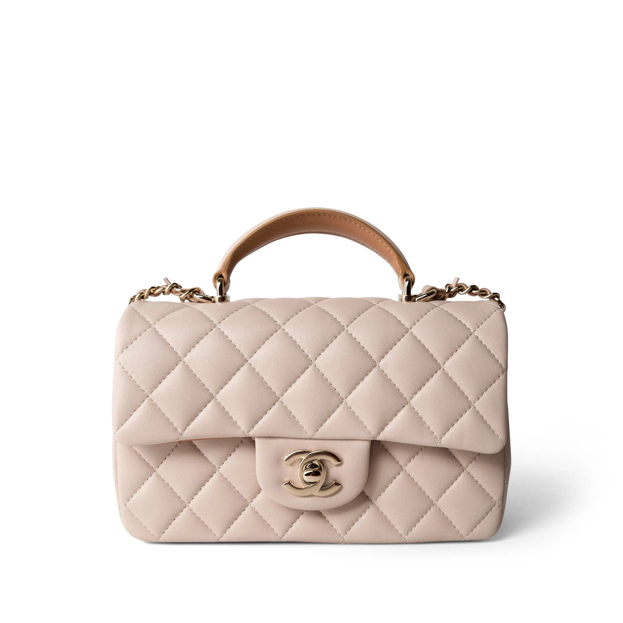 22C Light Beige / Beige Lambskin Quilted Mini Top Handle Light Gold Hardware
