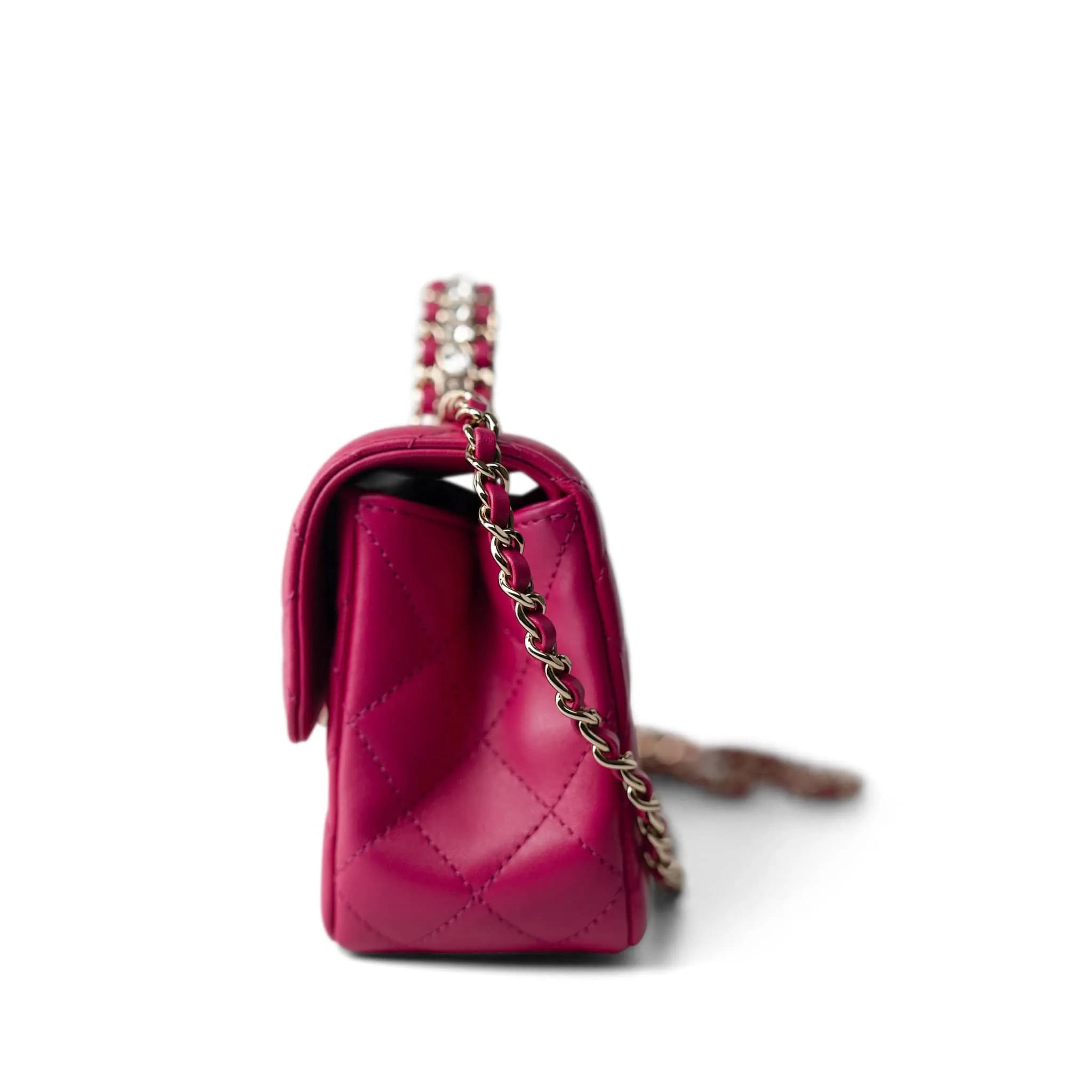 23A Dark Pink Lambskin Quilted Mini Flap Bag with Jeweled Top Handle Light Gold Hardware