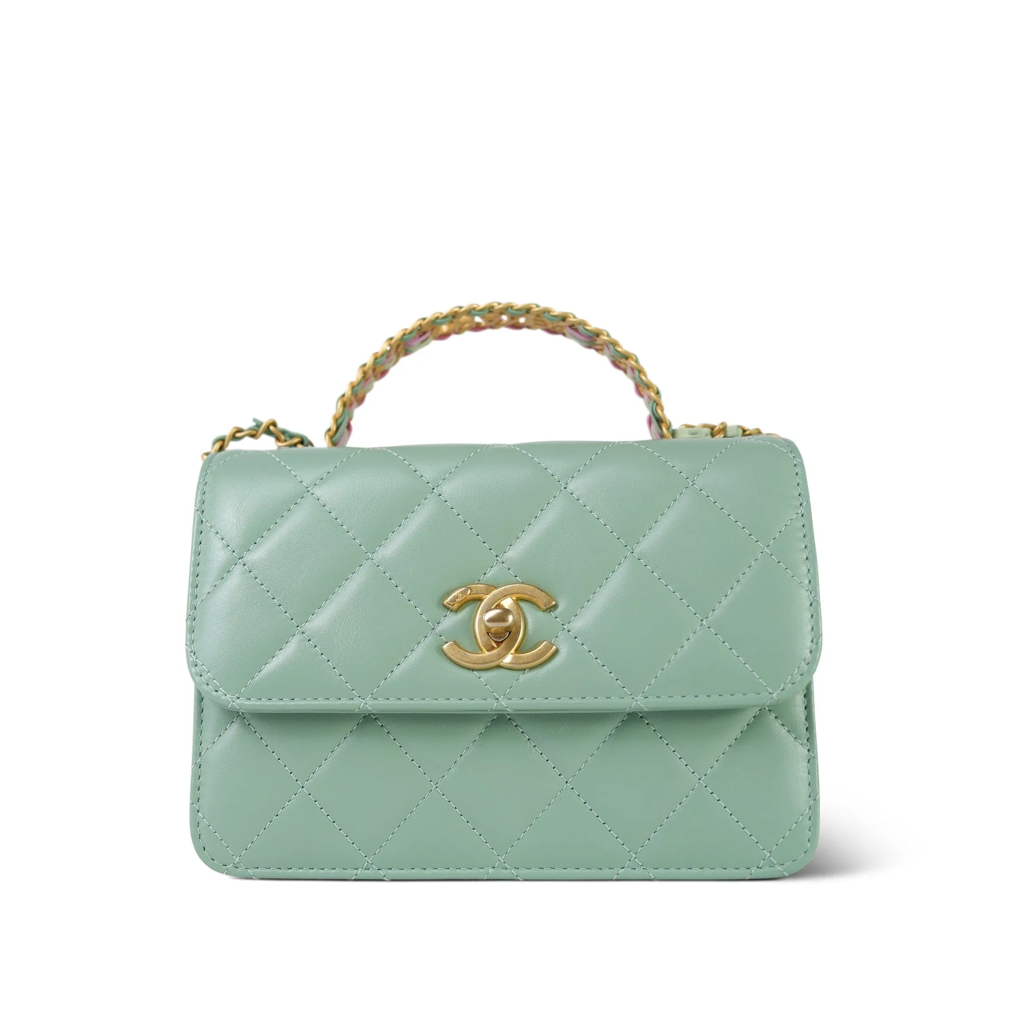 23P Light Green Shiny Calfskin Quilted Pink/Green Chain Top Handle Flap With Chain Aged Gold Hardware