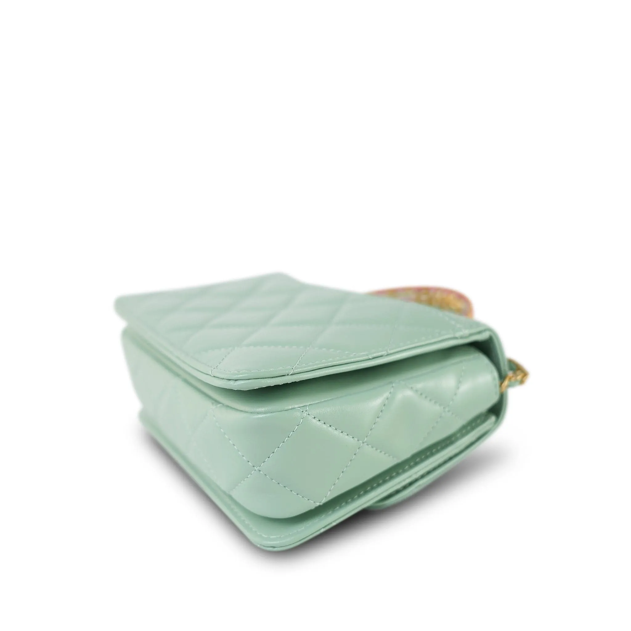 23P Light Green Shiny Calfskin Quilted Pink/Green Chain Top Handle Flap With Chain Aged Gold Hardware