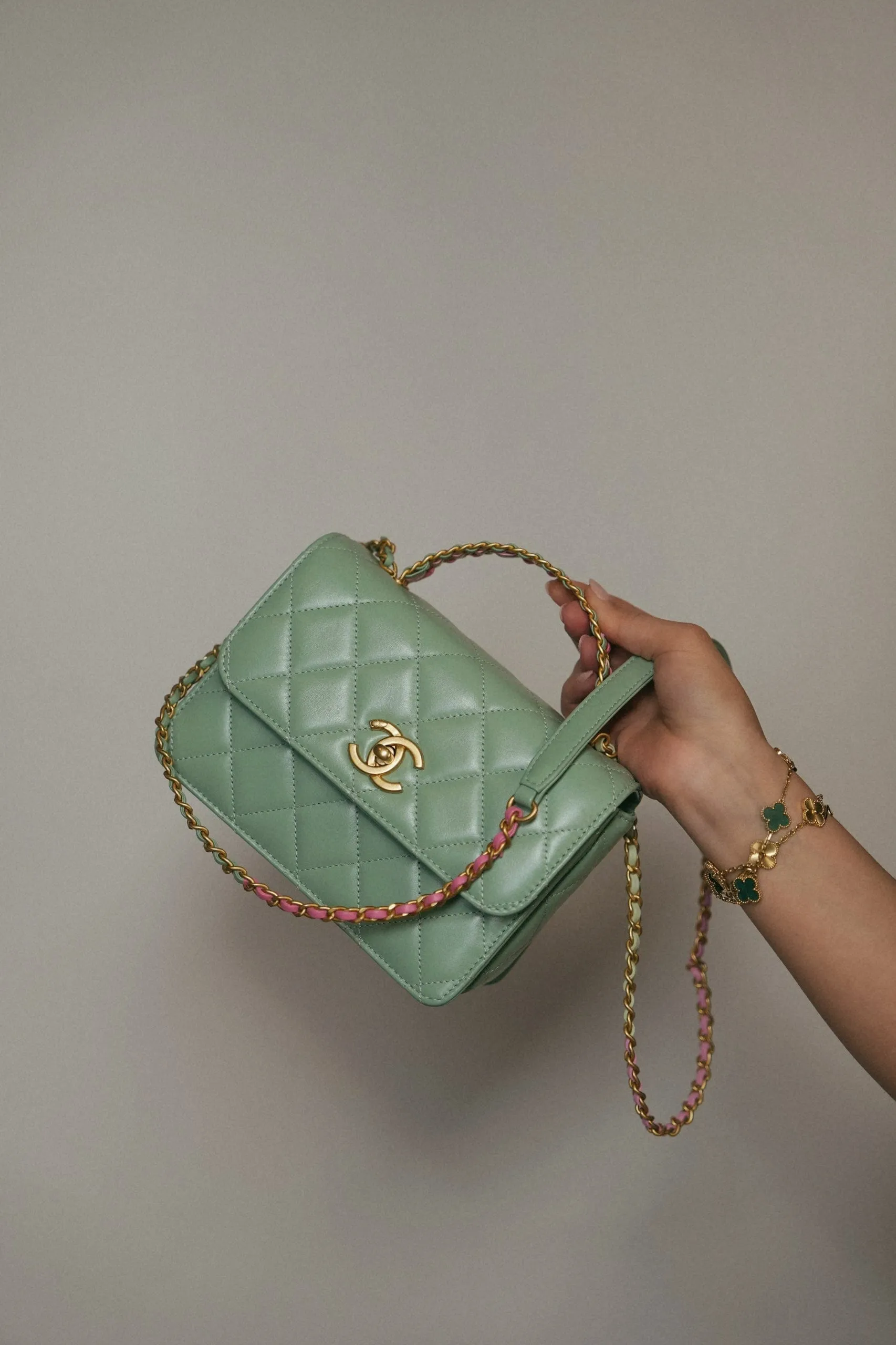 23P Light Green Shiny Calfskin Quilted Pink/Green Chain Top Handle Flap With Chain Aged Gold Hardware