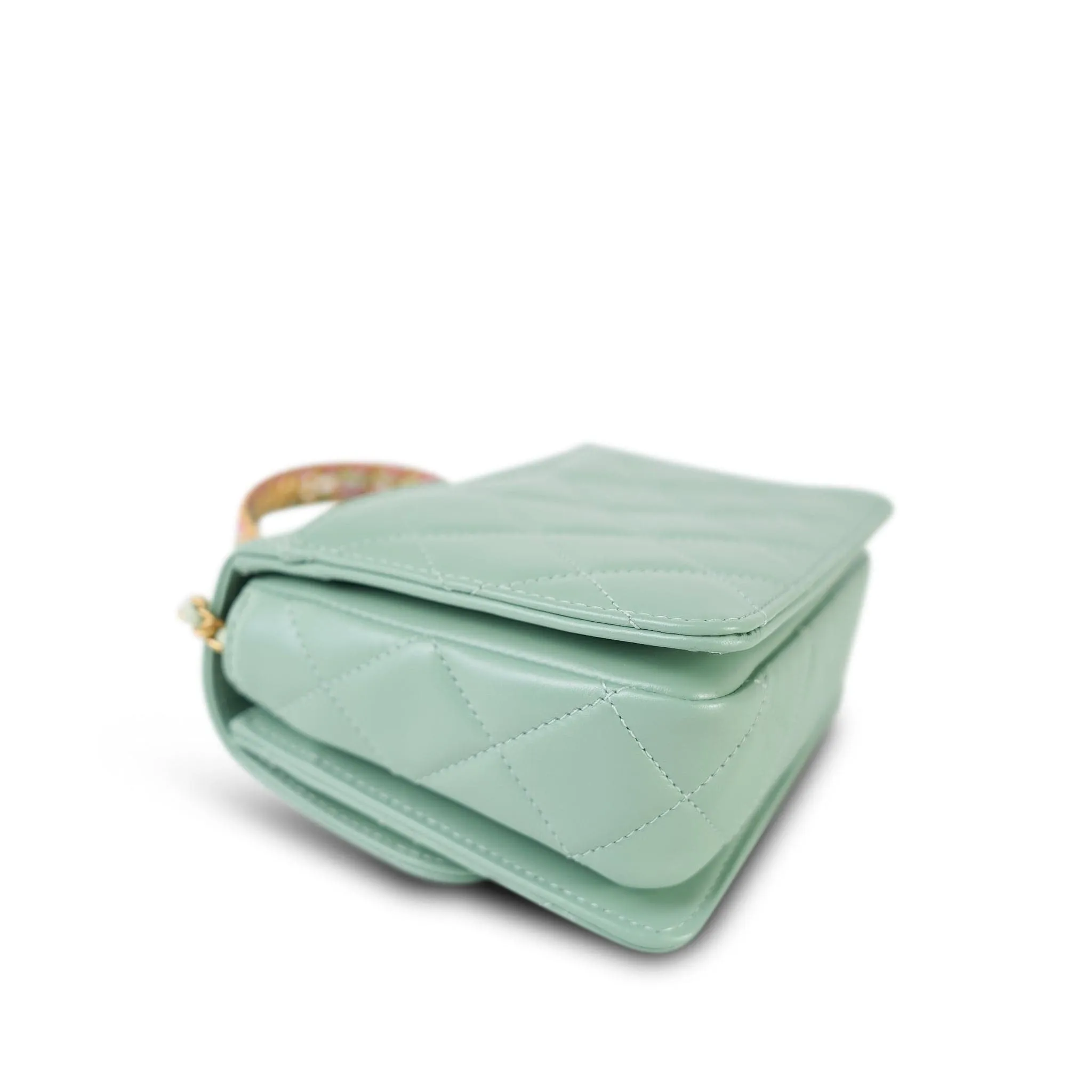 23P Light Green Shiny Calfskin Quilted Pink/Green Chain Top Handle Flap With Chain Aged Gold Hardware