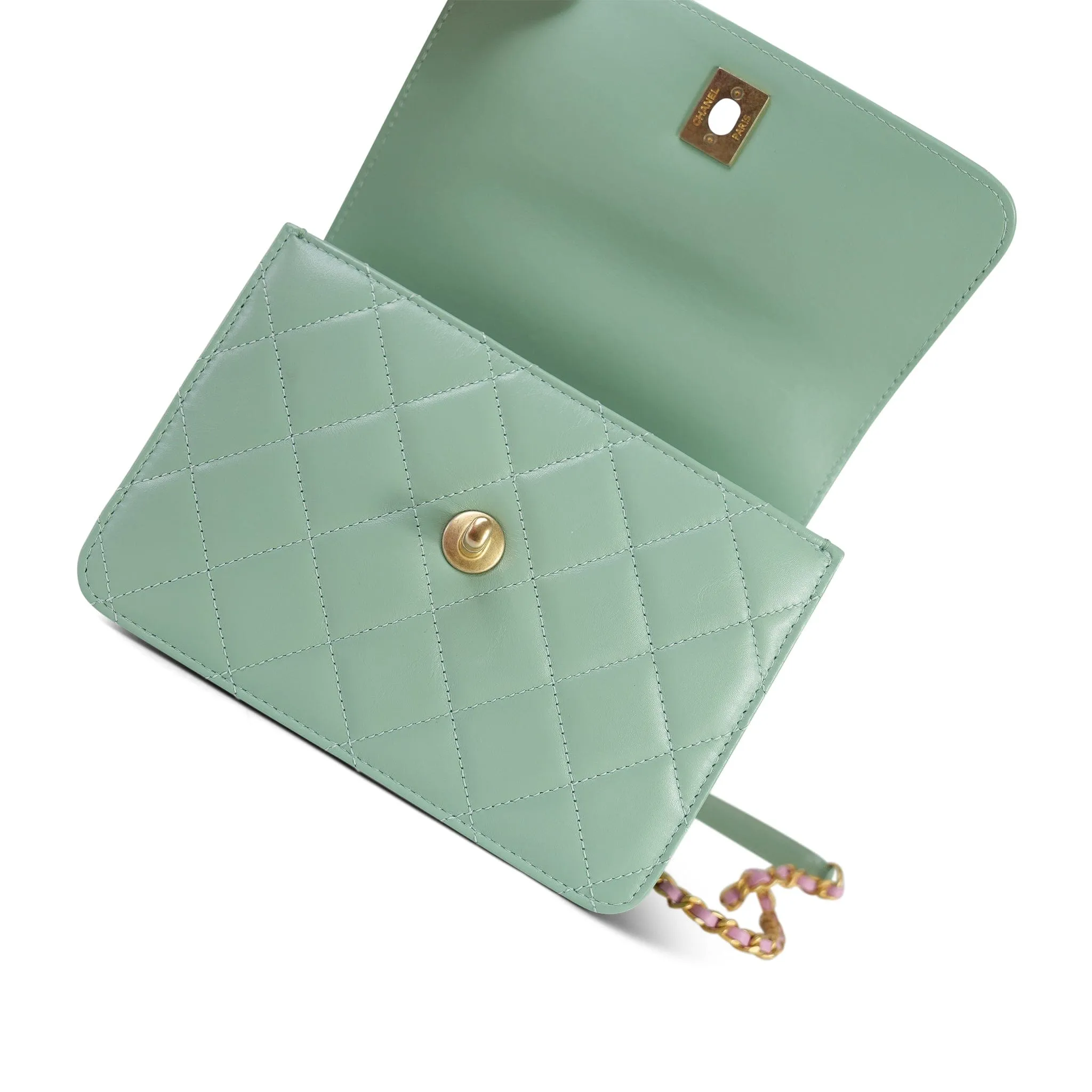 23P Light Green Shiny Calfskin Quilted Pink/Green Chain Top Handle Flap With Chain Aged Gold Hardware