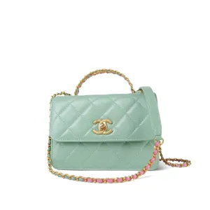 23P Light Green Shiny Calfskin Quilted Pink/Green Chain Top Handle Flap With Chain Aged Gold Hardware