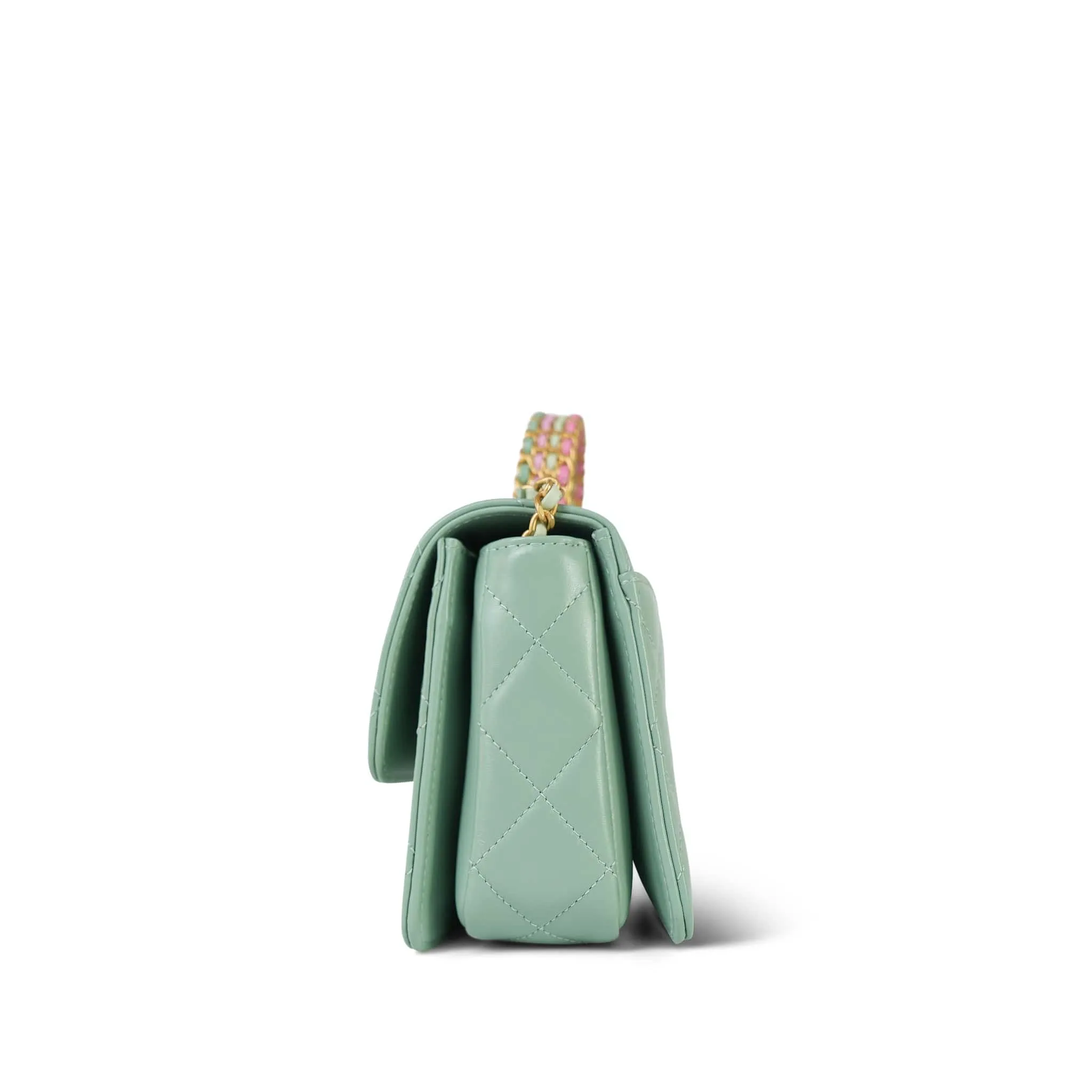 23P Light Green Shiny Calfskin Quilted Pink/Green Chain Top Handle Flap With Chain Aged Gold Hardware