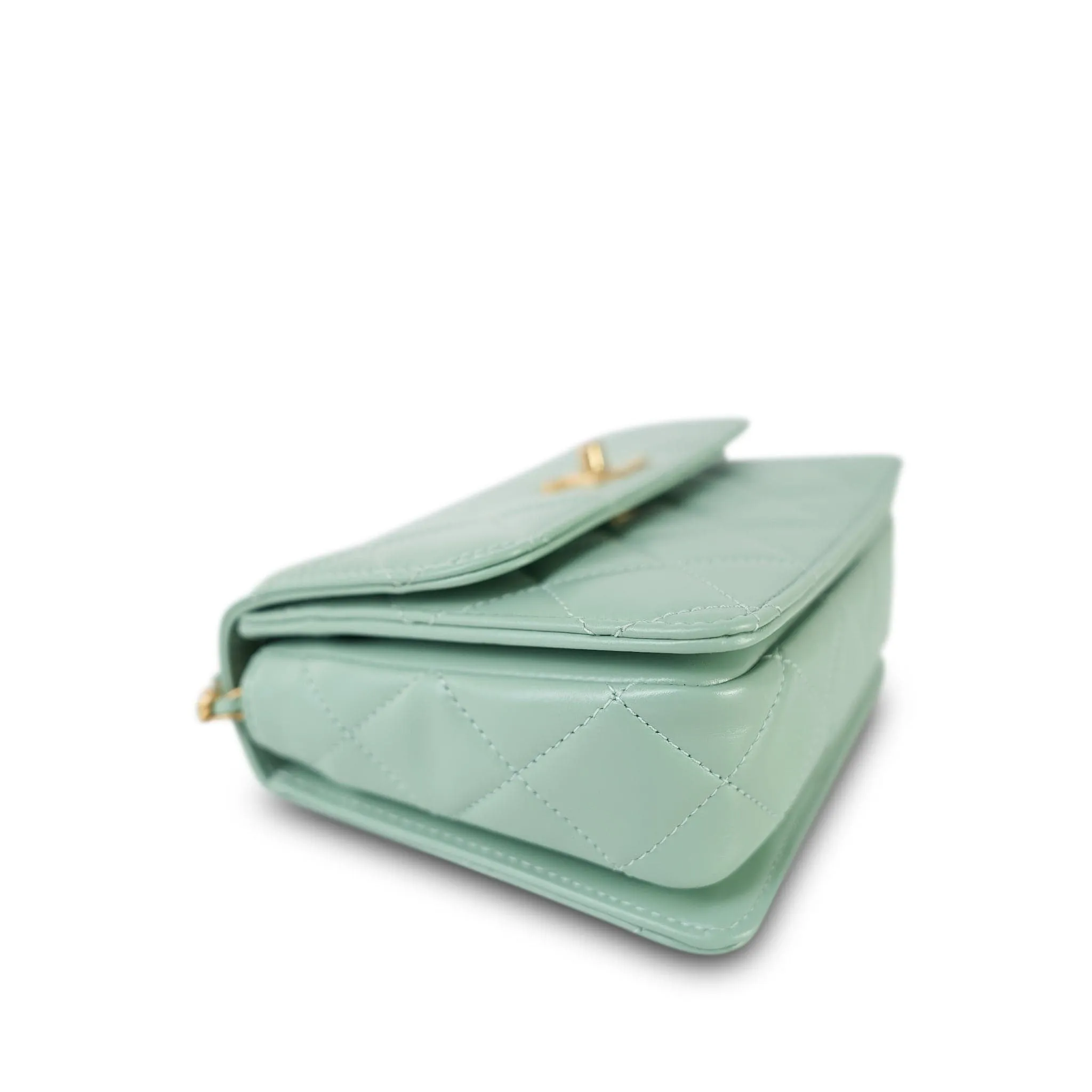 23P Light Green Shiny Calfskin Quilted Pink/Green Chain Top Handle Flap With Chain Aged Gold Hardware