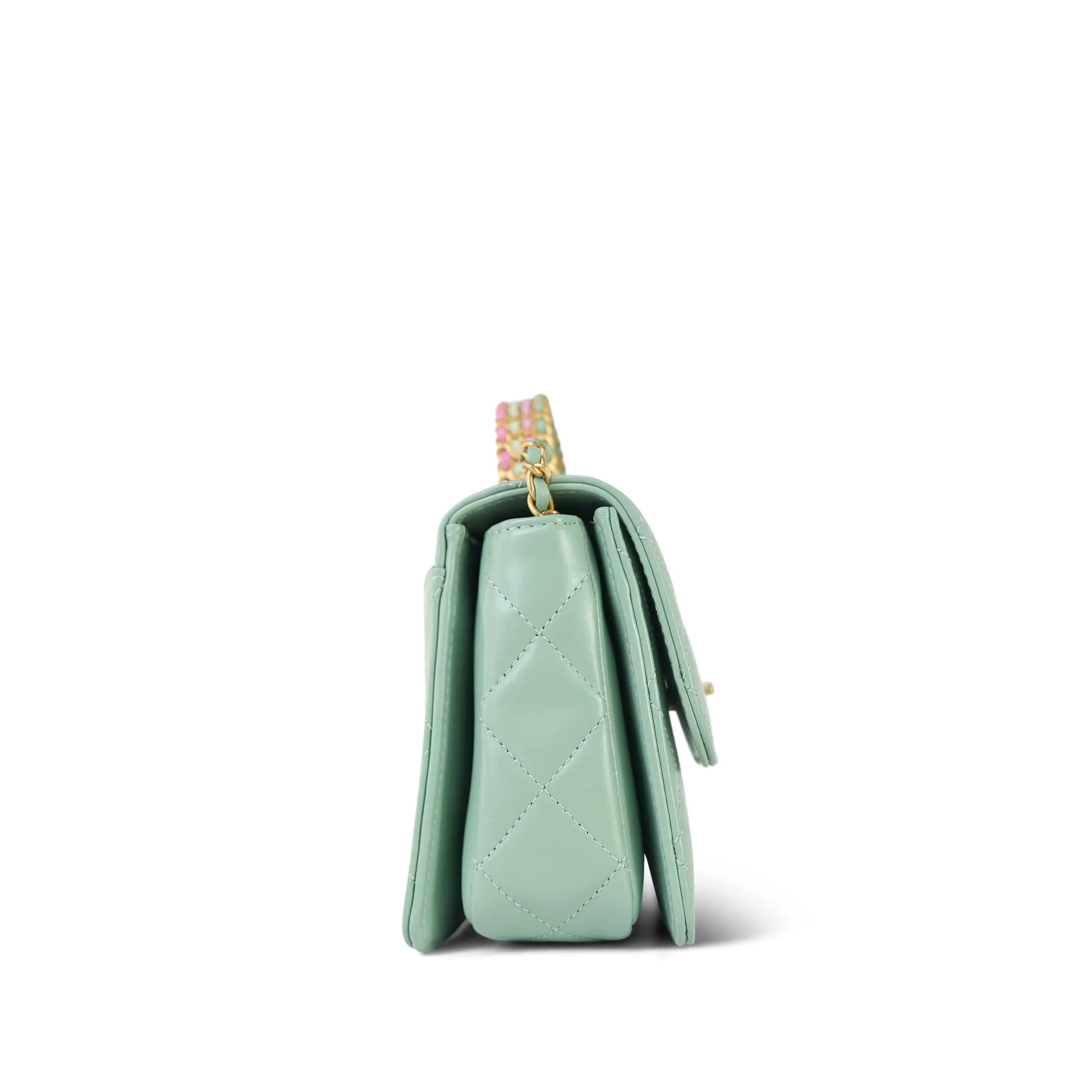 23P Light Green Shiny Calfskin Quilted Pink/Green Chain Top Handle Flap With Chain Aged Gold Hardware
