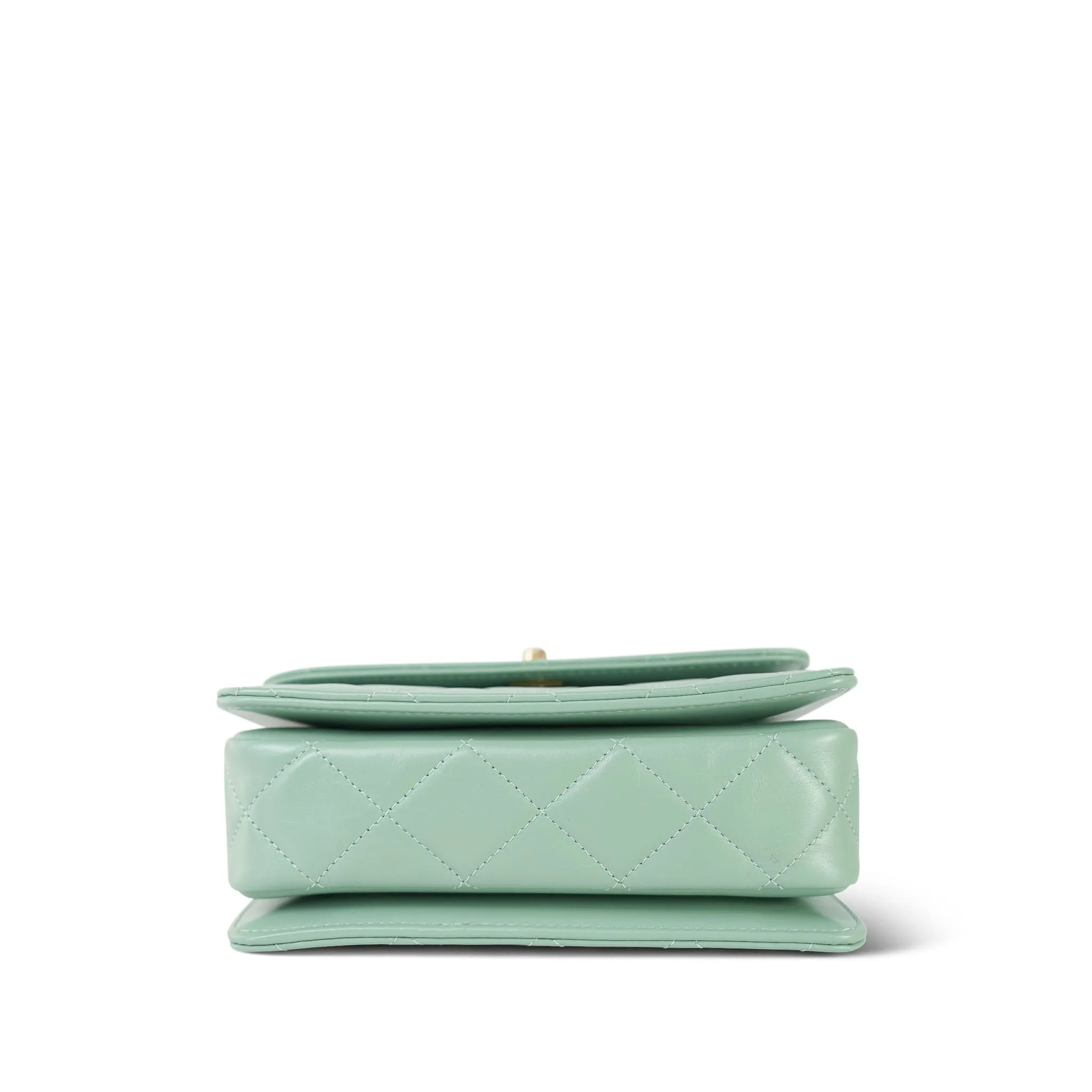 23P Light Green Shiny Calfskin Quilted Pink/Green Chain Top Handle Flap With Chain Aged Gold Hardware