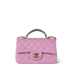 23P Light Pink/Light Green Lambskin Quilted Mini Top Handle Light Gold Hardware