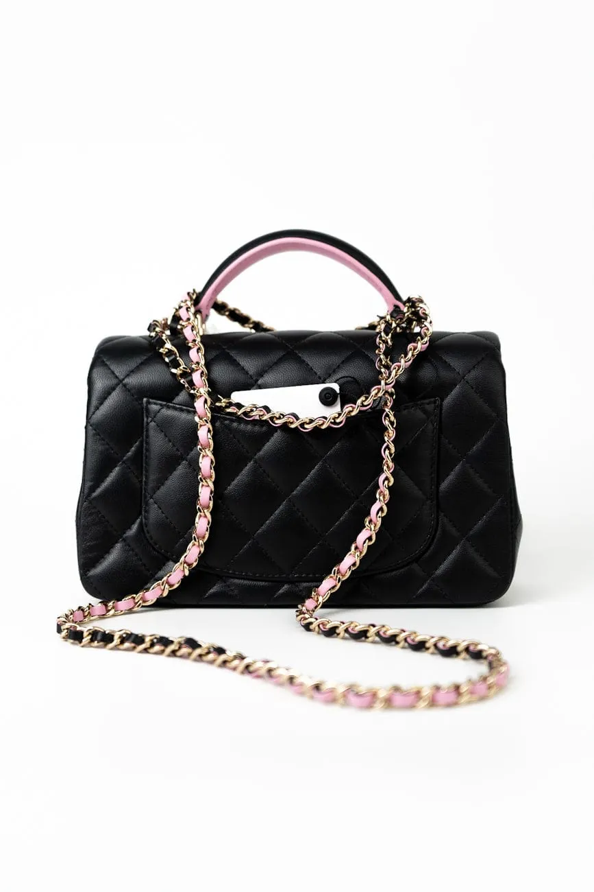 23P Mini Top Handle Black/Pink Lambskin Quilted w/ Light Gold Hardware
