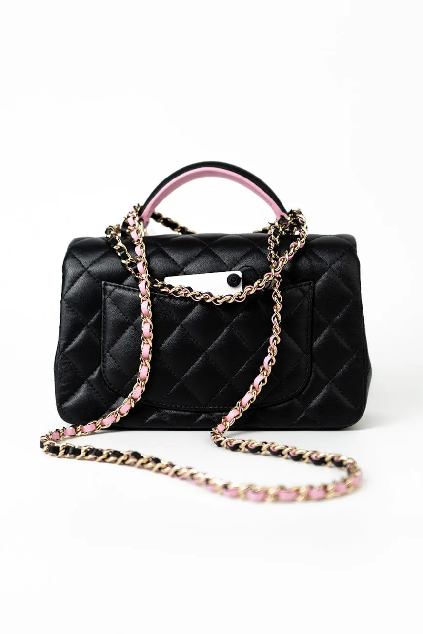 23P Mini Top Handle Black/Pink Lambskin Quilted w/ Light Gold Hardware