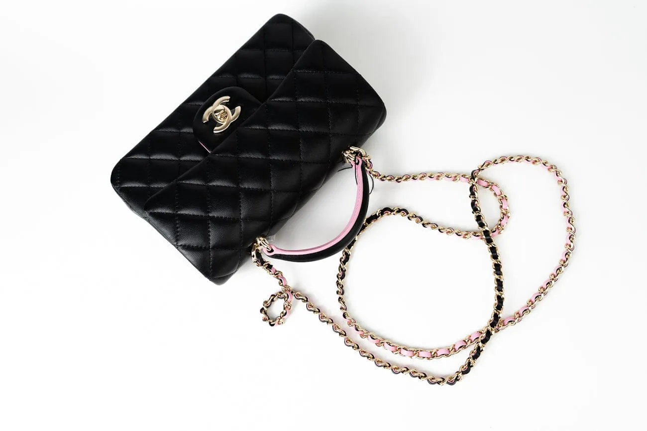 23P Mini Top Handle Black/Pink Lambskin Quilted w/ Light Gold Hardware