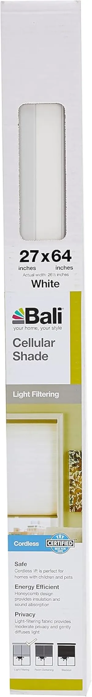 Bali Blinds Cordless Light Filtering Cellular Shade, 27" x 64", White,044294 214033
