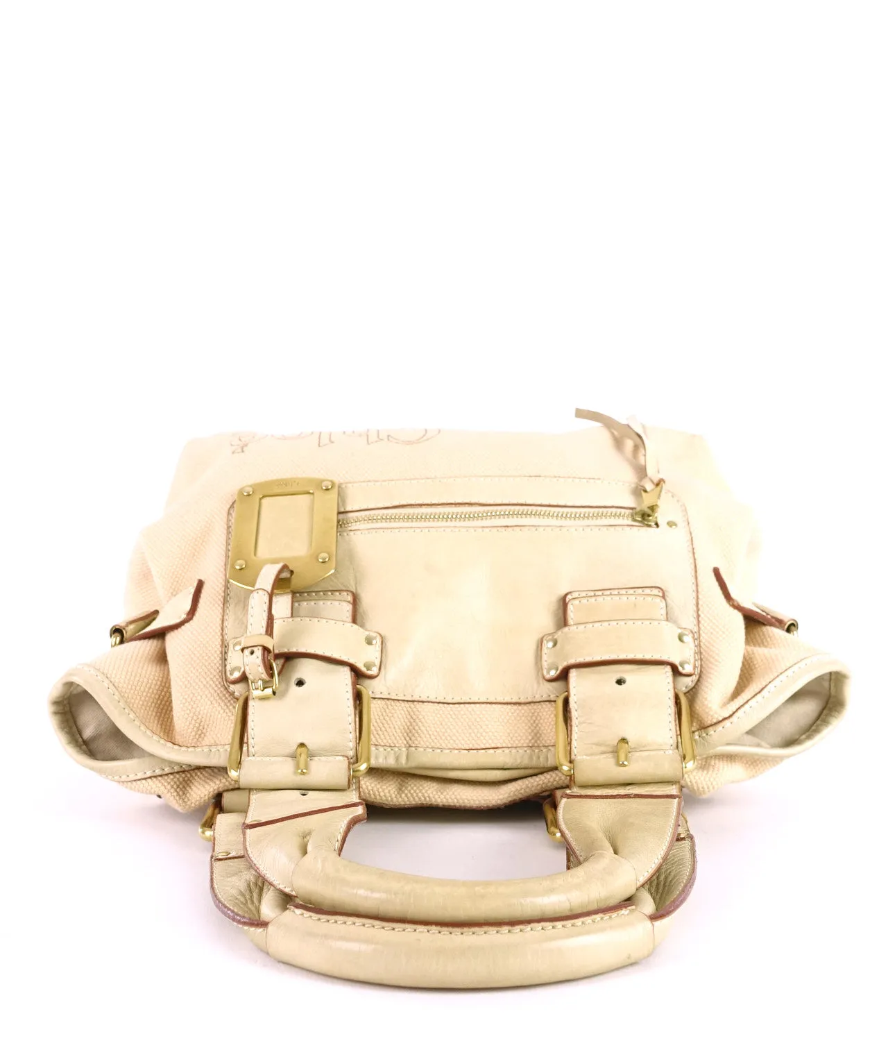 Beige Canvas and Leather Tote Bag