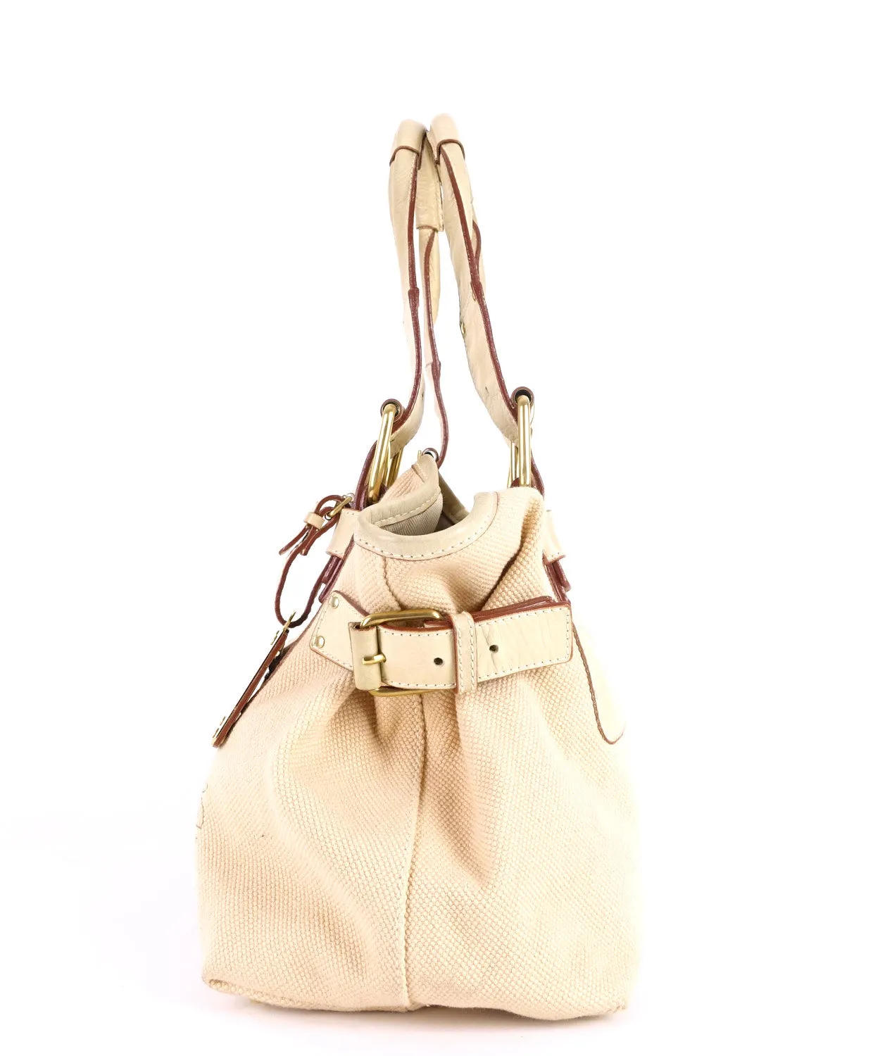 Beige Canvas and Leather Tote Bag