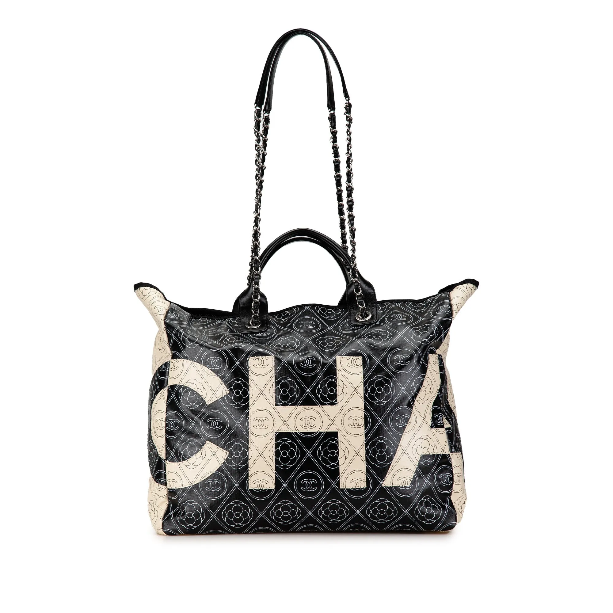 Black Chanel Coated Canvas Camellia Logo Deauville Shopping Tote Satchel