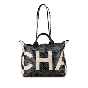 Black Chanel Coated Canvas Camellia Logo Deauville Shopping Tote Satchel