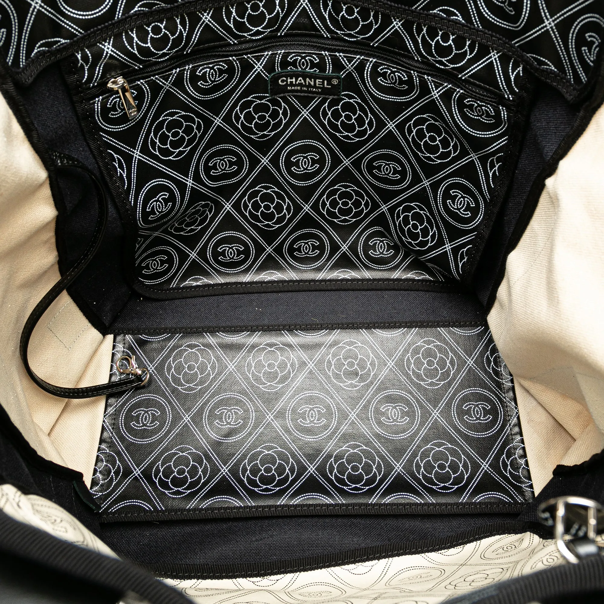 Black Chanel Coated Canvas Camellia Logo Deauville Shopping Tote Satchel