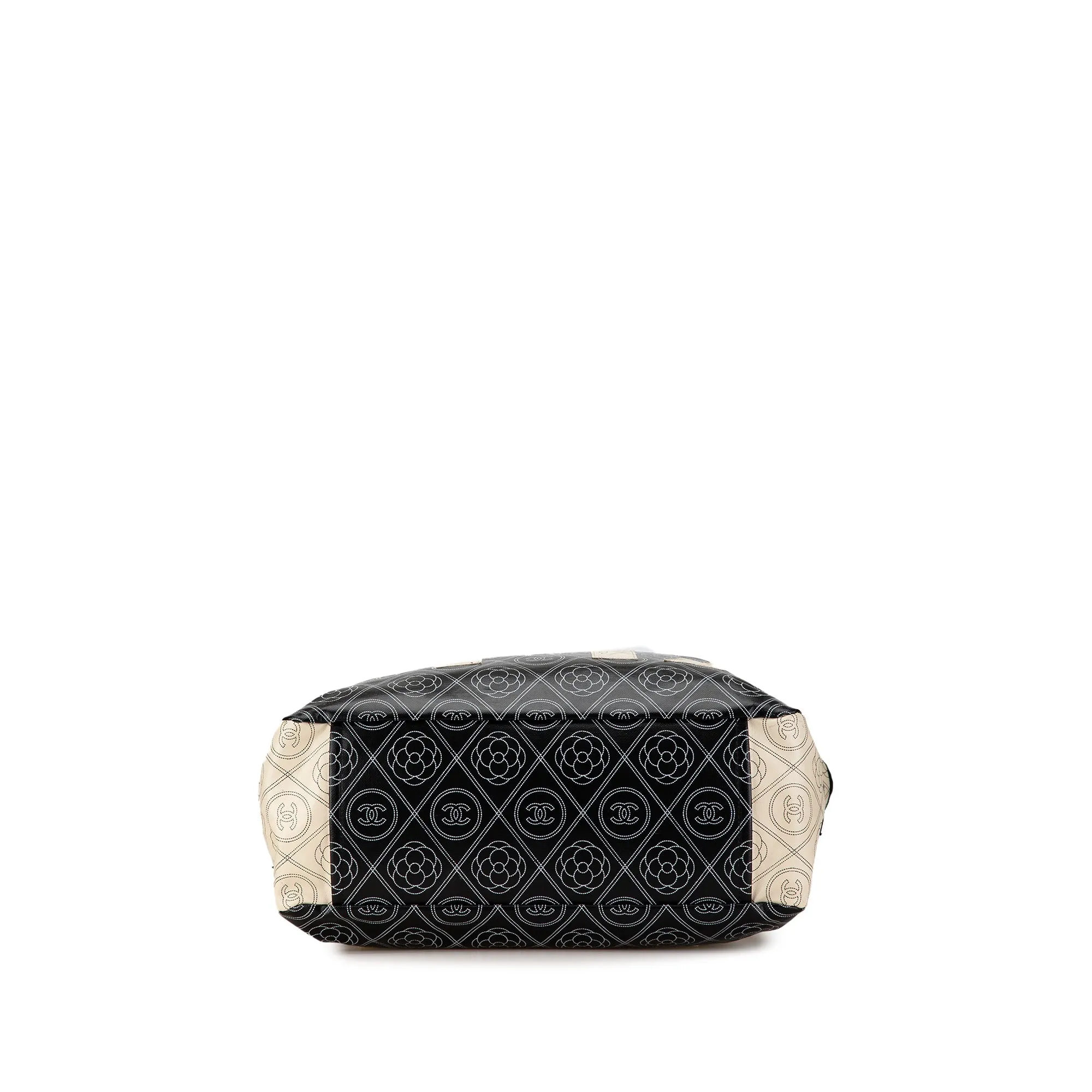 Black Chanel Coated Canvas Camellia Logo Deauville Shopping Tote Satchel