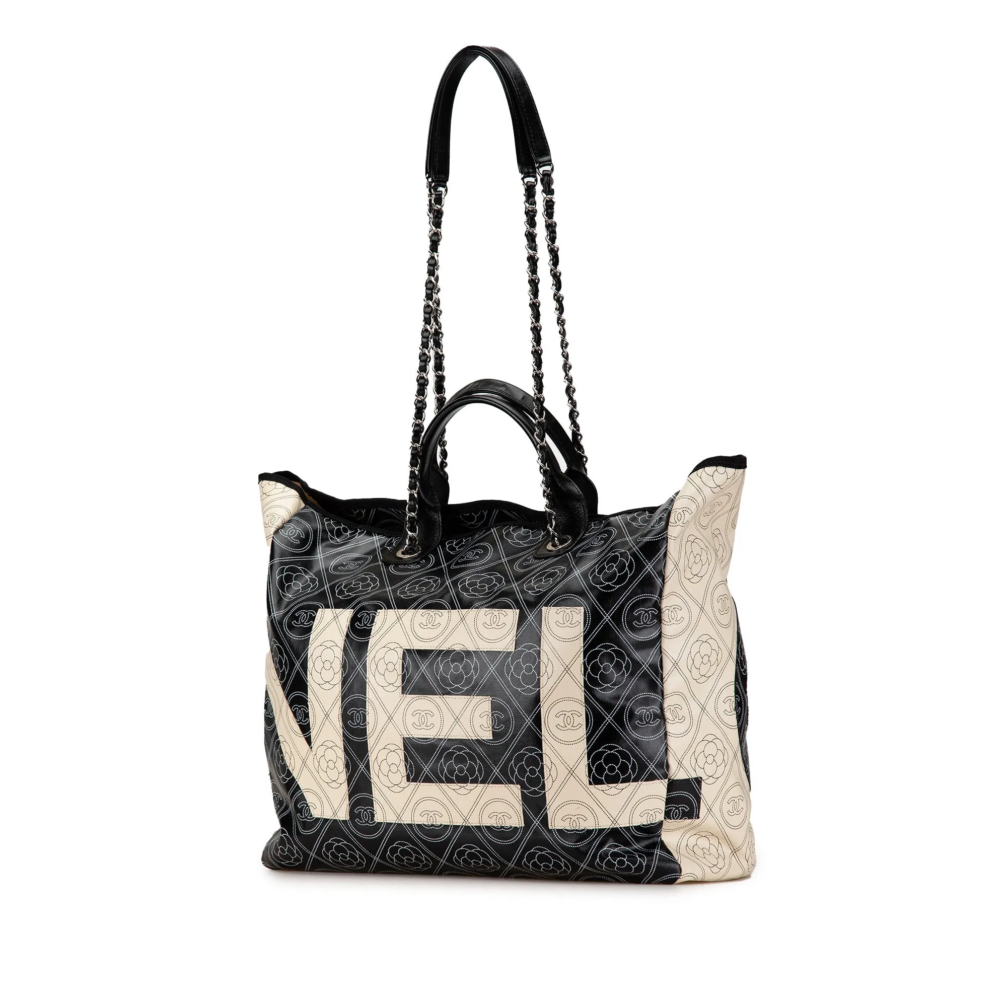 Black Chanel Coated Canvas Camellia Logo Deauville Shopping Tote Satchel