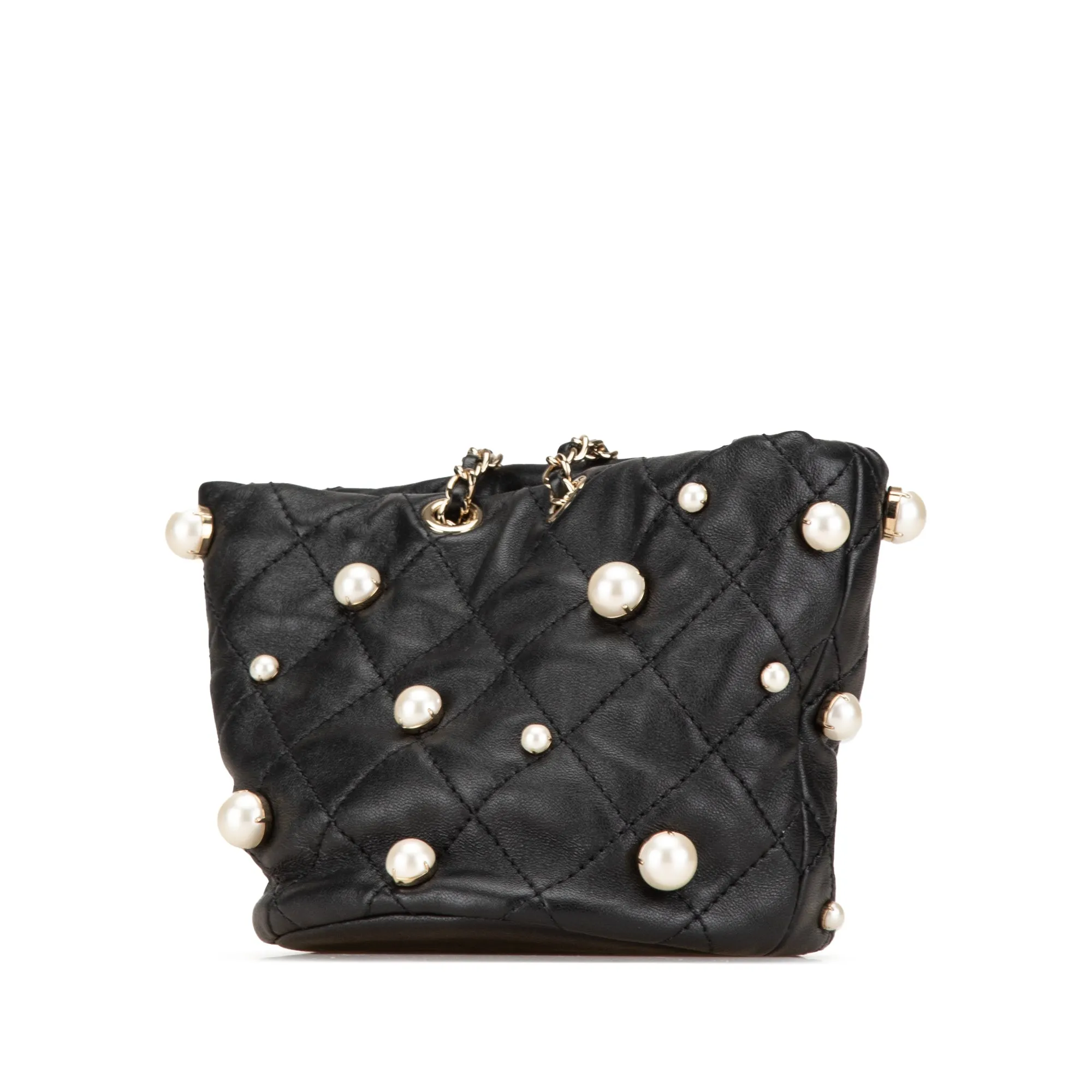 Black Chanel Mini Calfaskin About Pearls Drawstring Bucket Bag