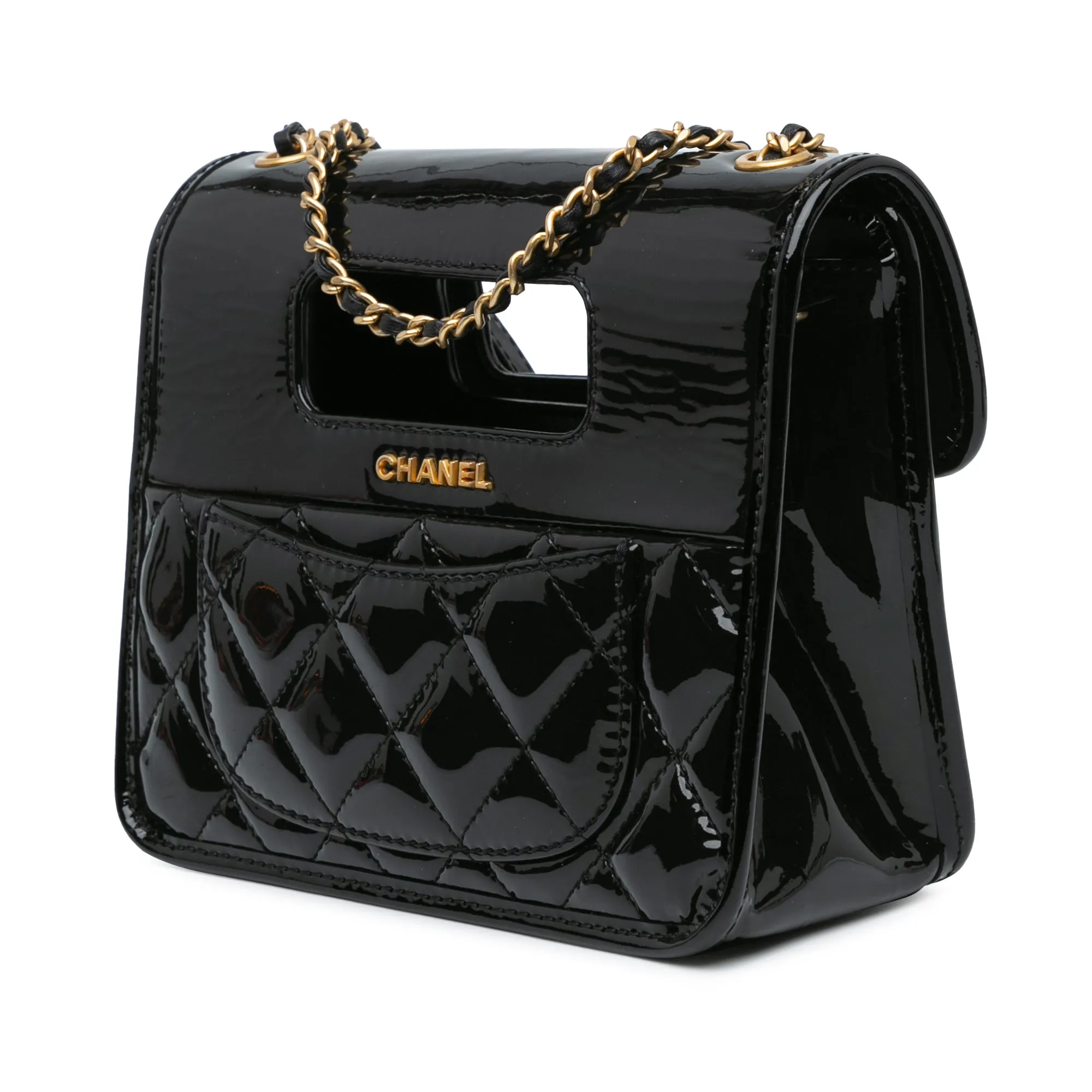Black Chanel Mini Quilted Patent Graphic Catch Flap Satchel