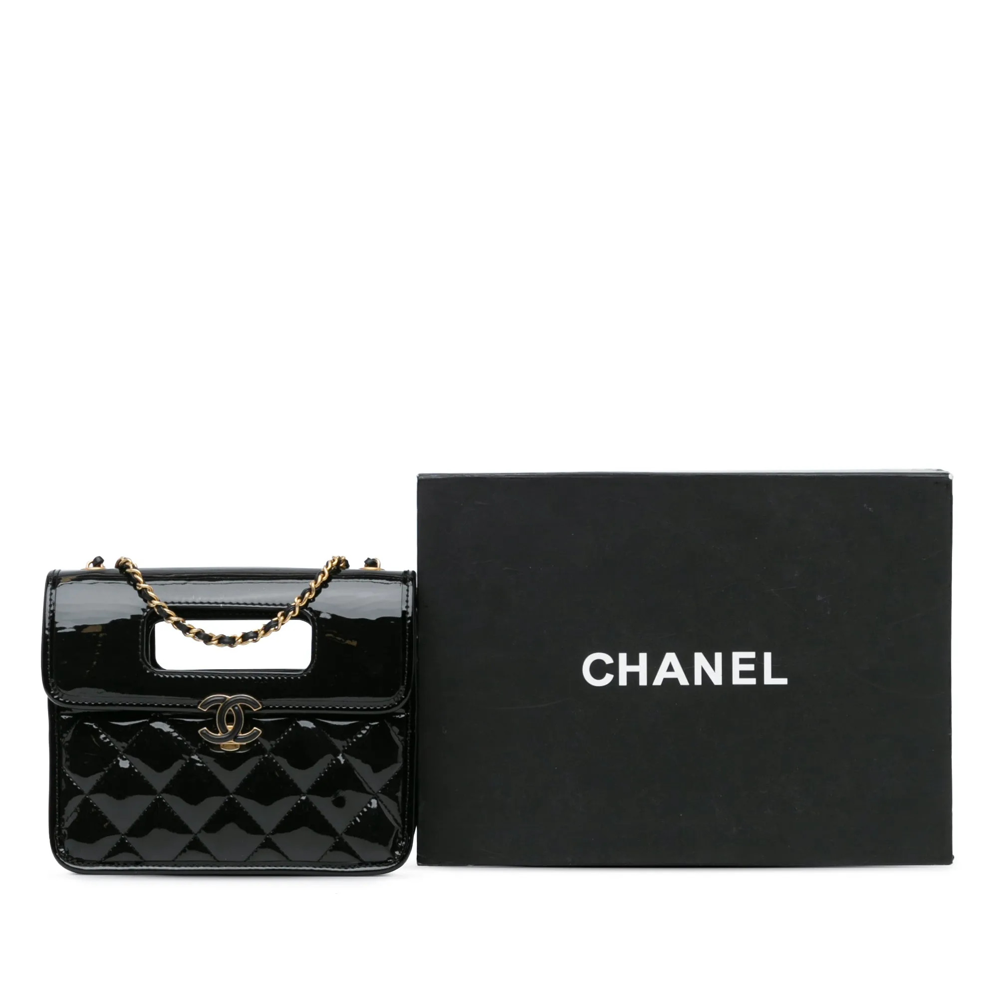 Black Chanel Mini Quilted Patent Graphic Catch Flap Satchel