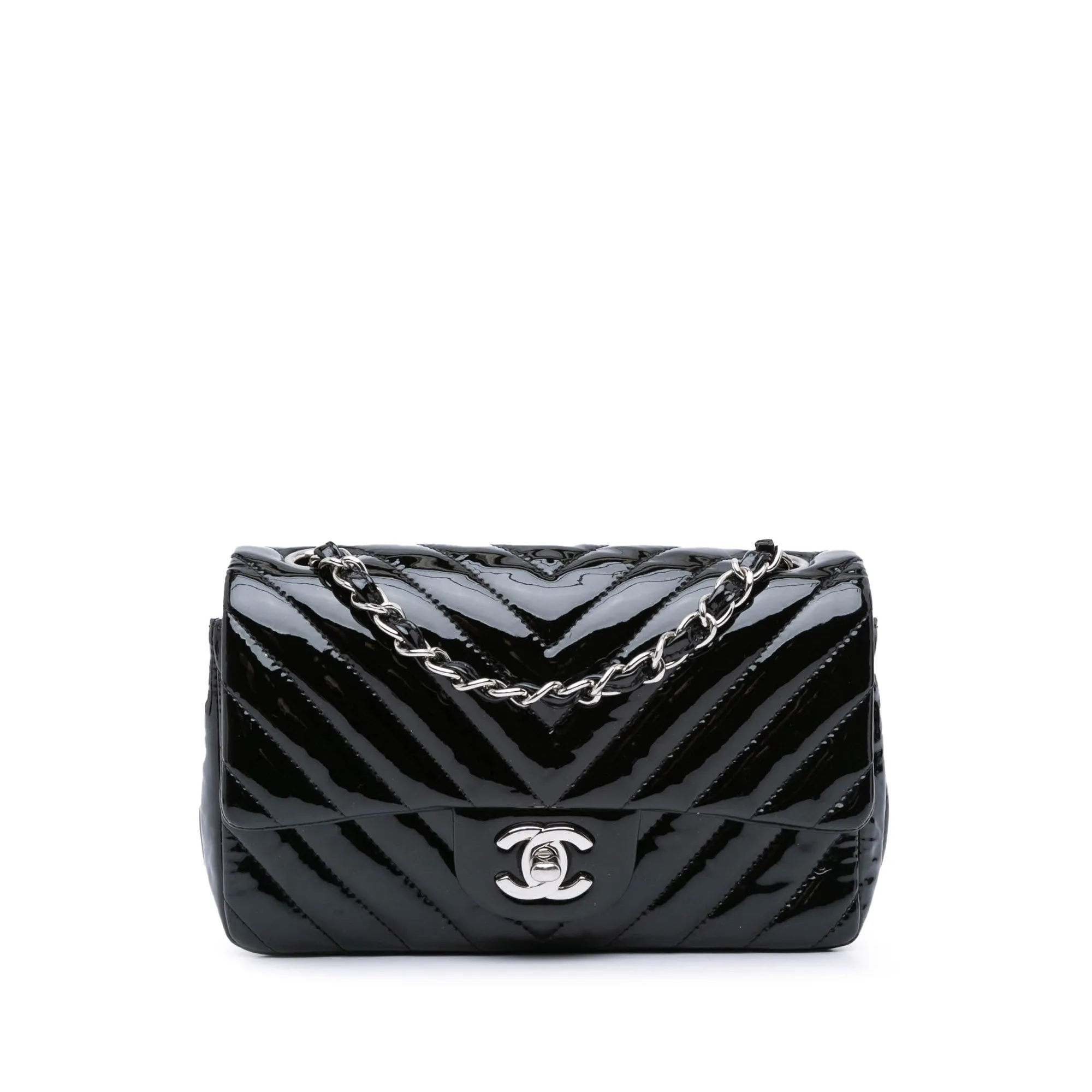 Black Chanel Mini Rectangular Classic Chevron Patent Single Flap Crossbody Bag