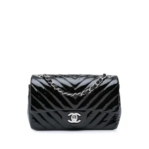 Black Chanel Mini Rectangular Classic Chevron Patent Single Flap Crossbody Bag