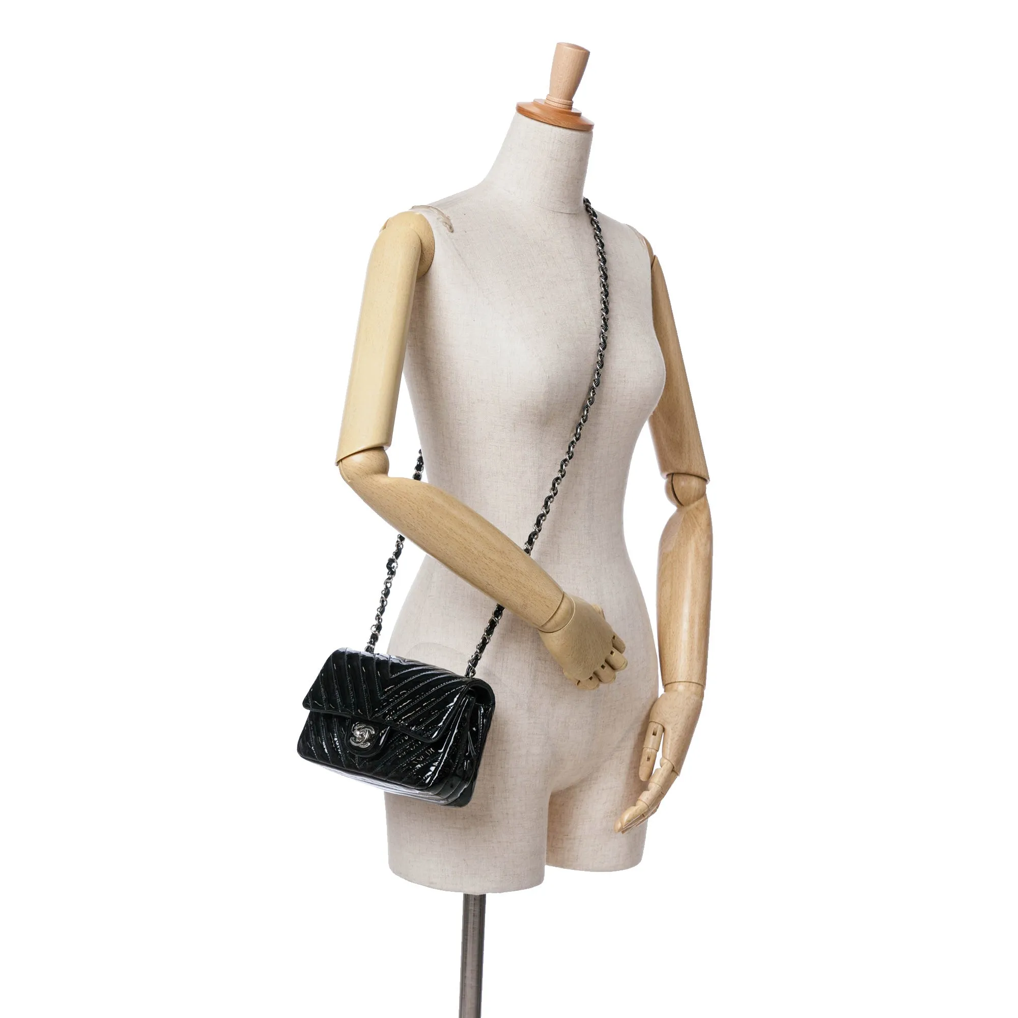 Black Chanel Mini Rectangular Classic Chevron Patent Single Flap Crossbody Bag